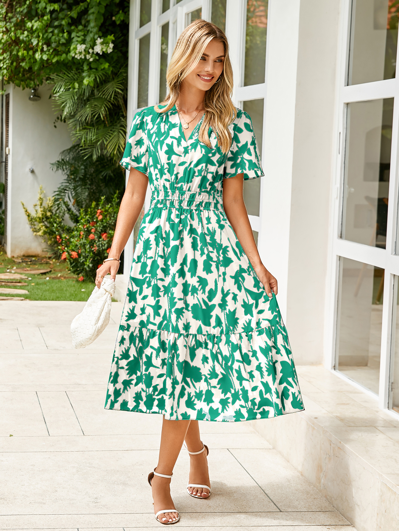 Boho Floral Smocked Waist Tiered Midi Dress