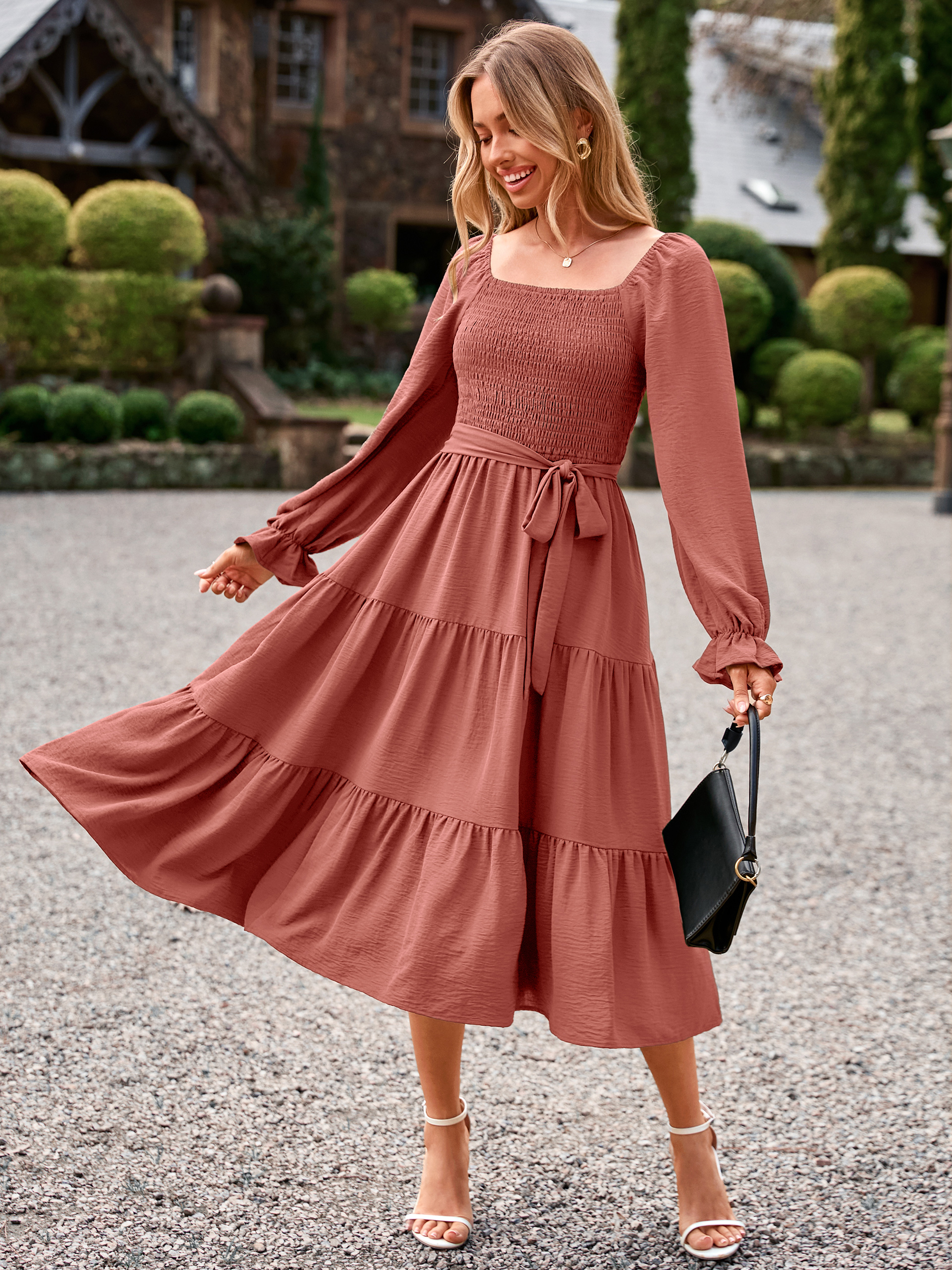 Square Neck Ruched Smocked Tiered Maxi Dress