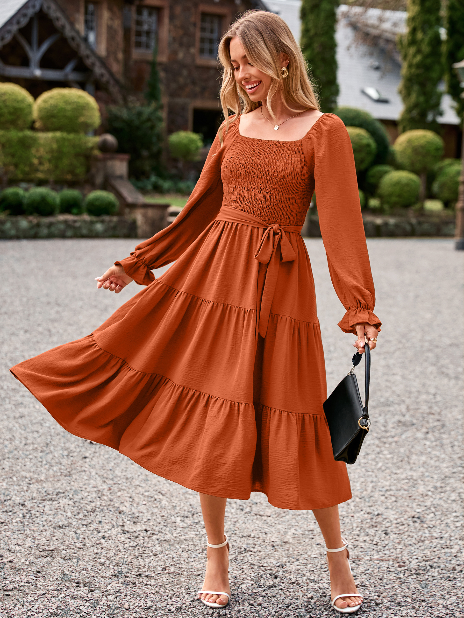 Square Neck Ruched Smocked Tiered Maxi Dress