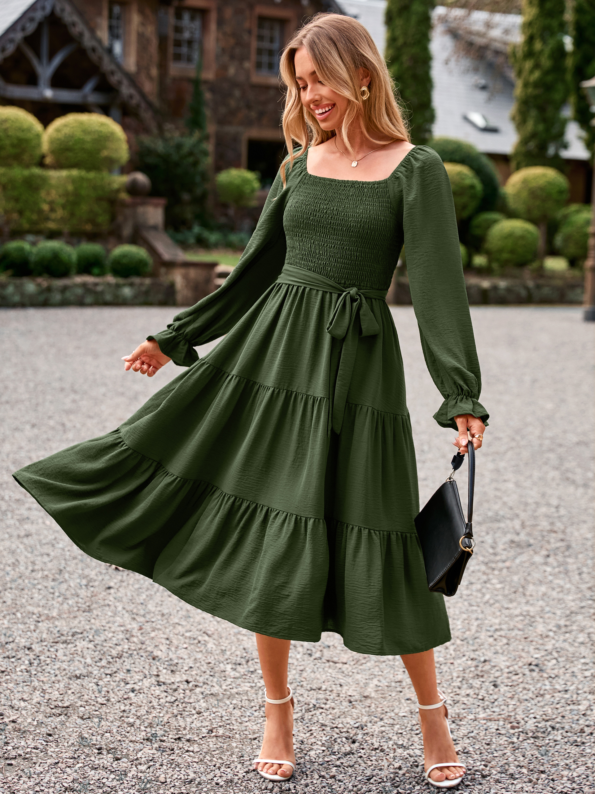 Square Neck Ruched Smocked Tiered Maxi Dress