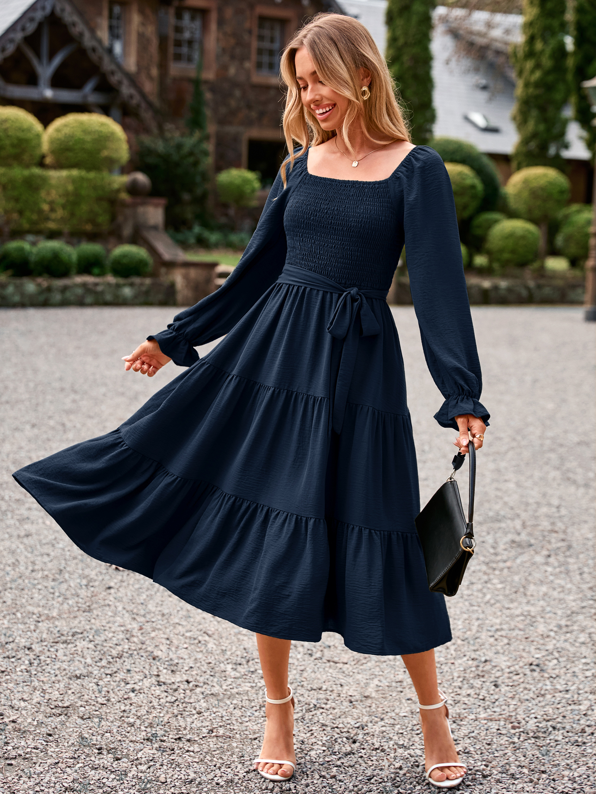 Square Neck Ruched Smocked Tiered Maxi Dress