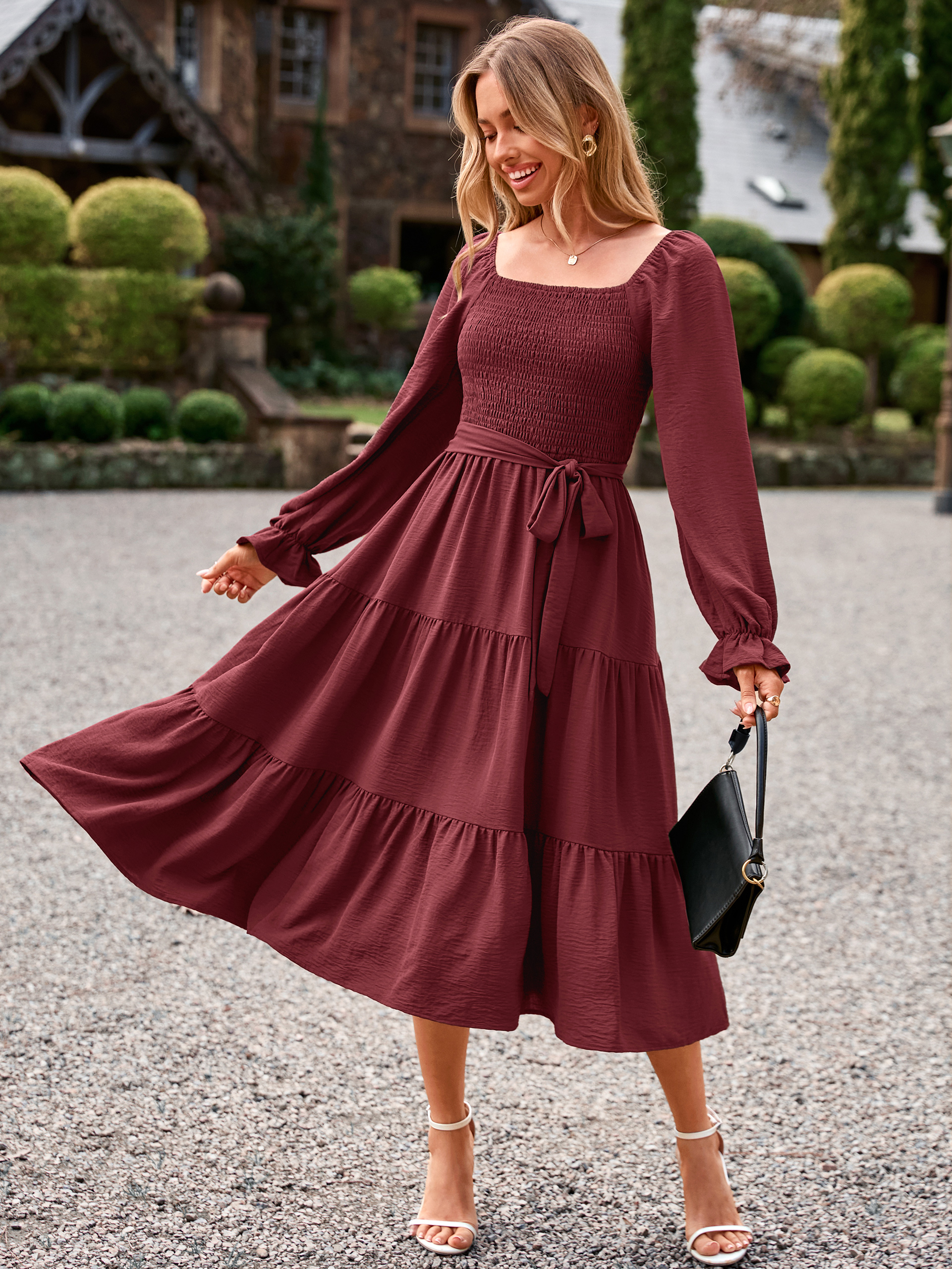 Square Neck Ruched Smocked Tiered Maxi Dress