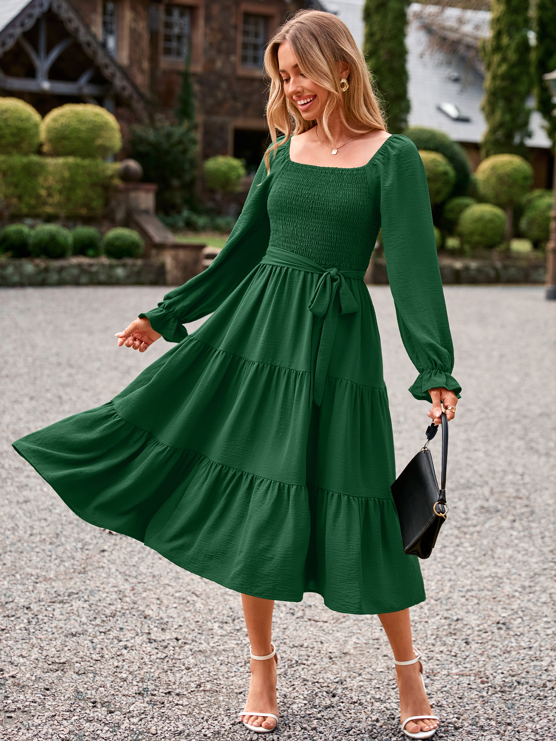 Square Neck Ruched Smocked Tiered Maxi Dress