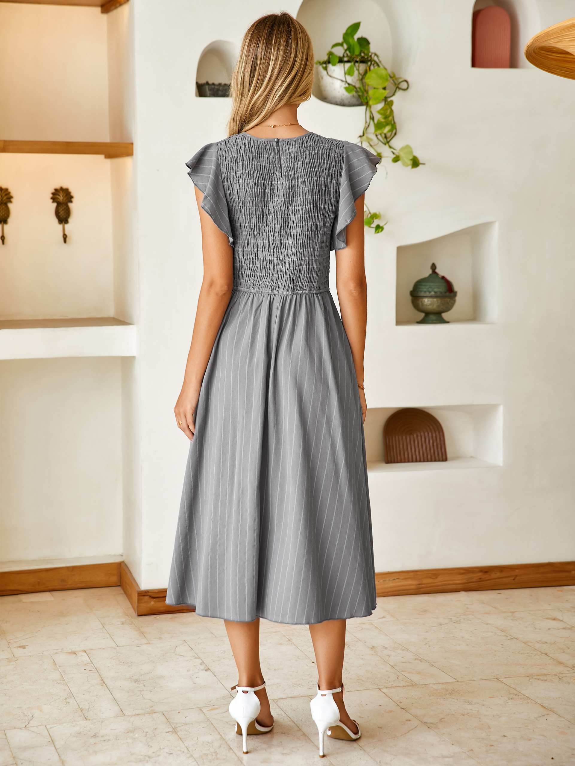 Striped Smocked Midi Dress with Flutter Sleeves