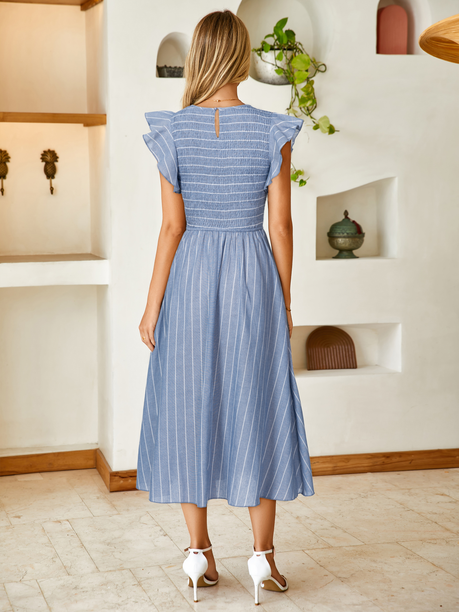 Striped Smocked Midi Dress with Flutter Sleeves