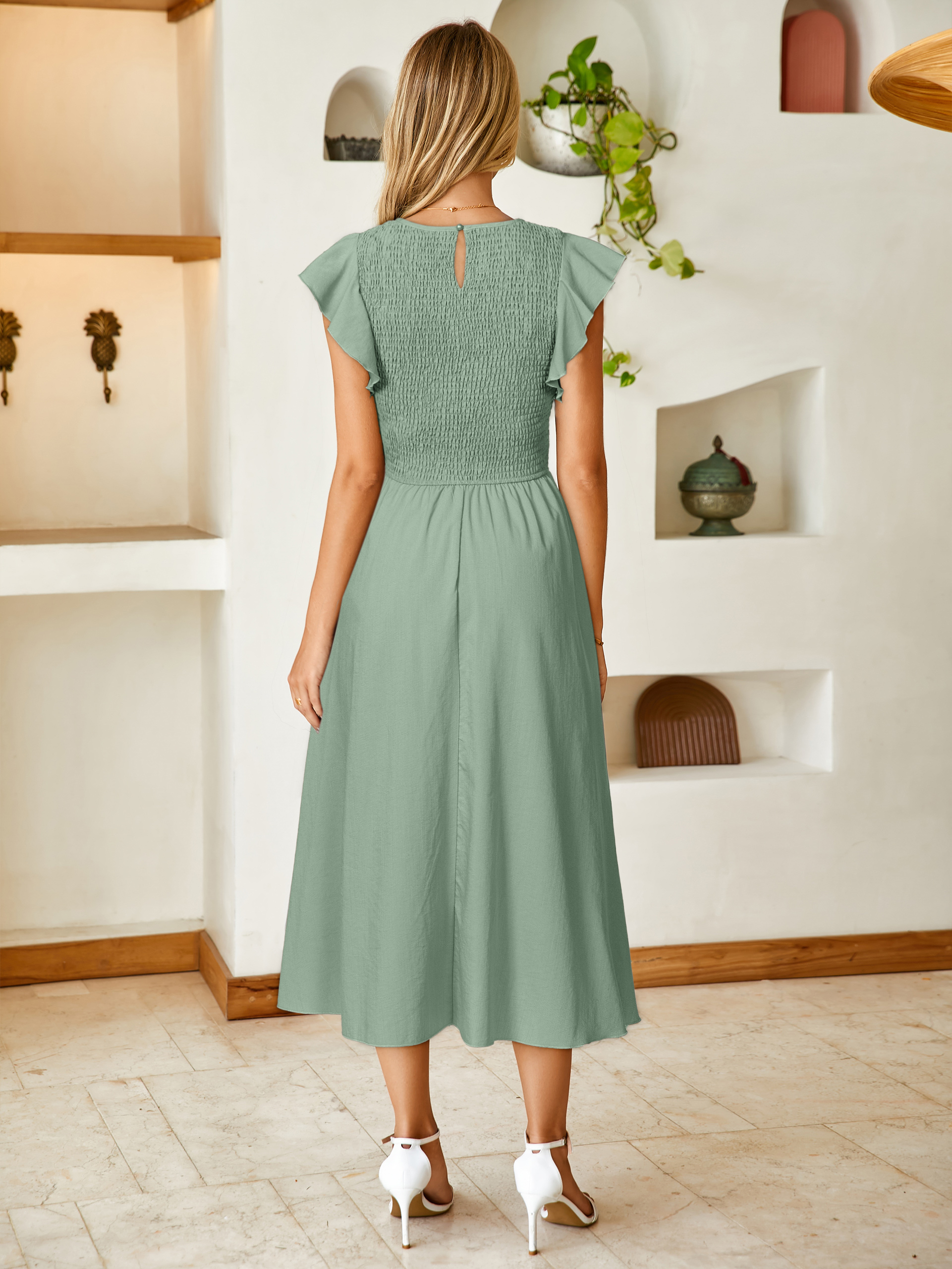 Smocked Bodice Flutter Sleeve A-Line Midi Dress