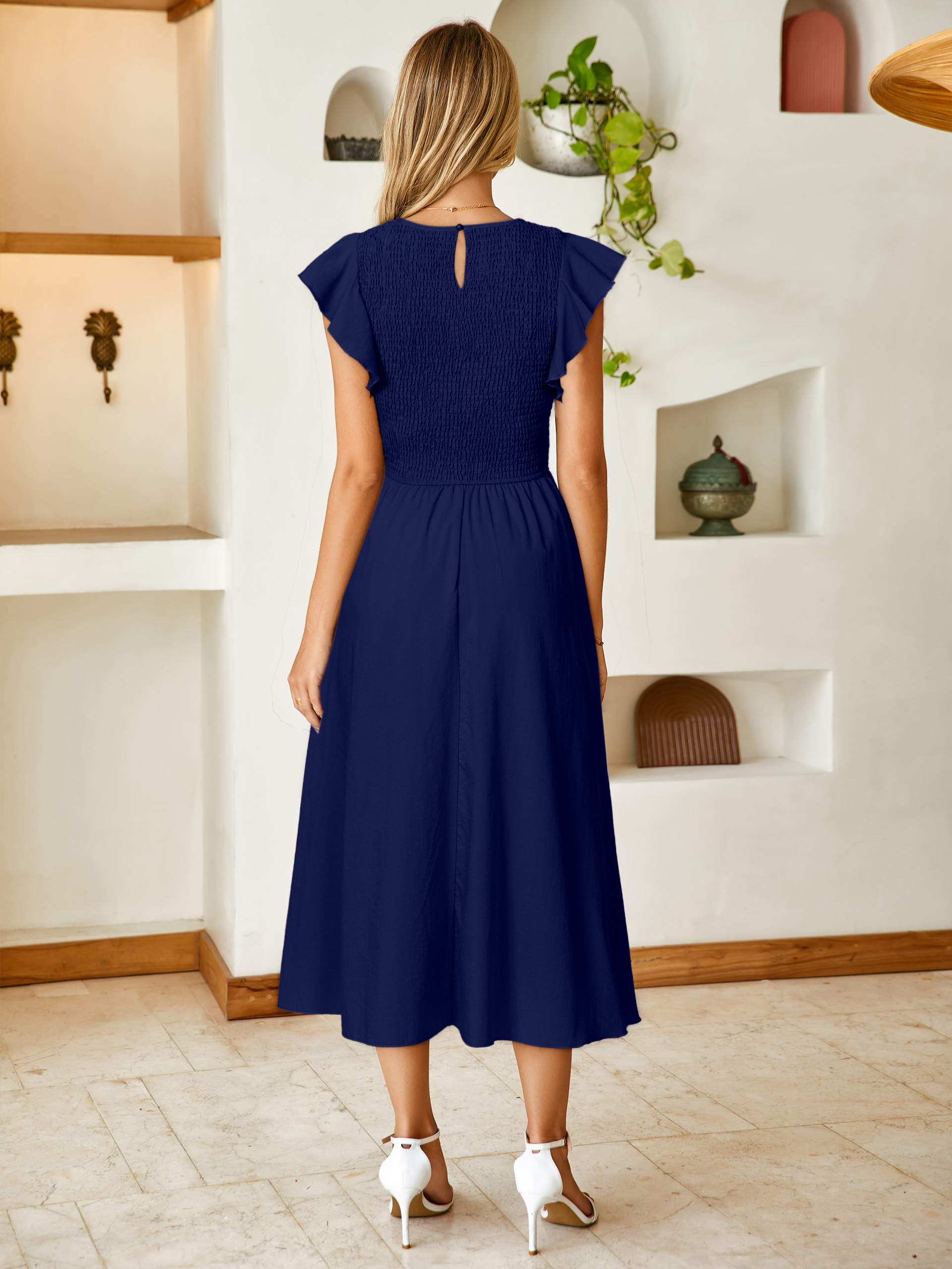 Smocked Bodice Flutter Sleeve A-Line Midi Dress