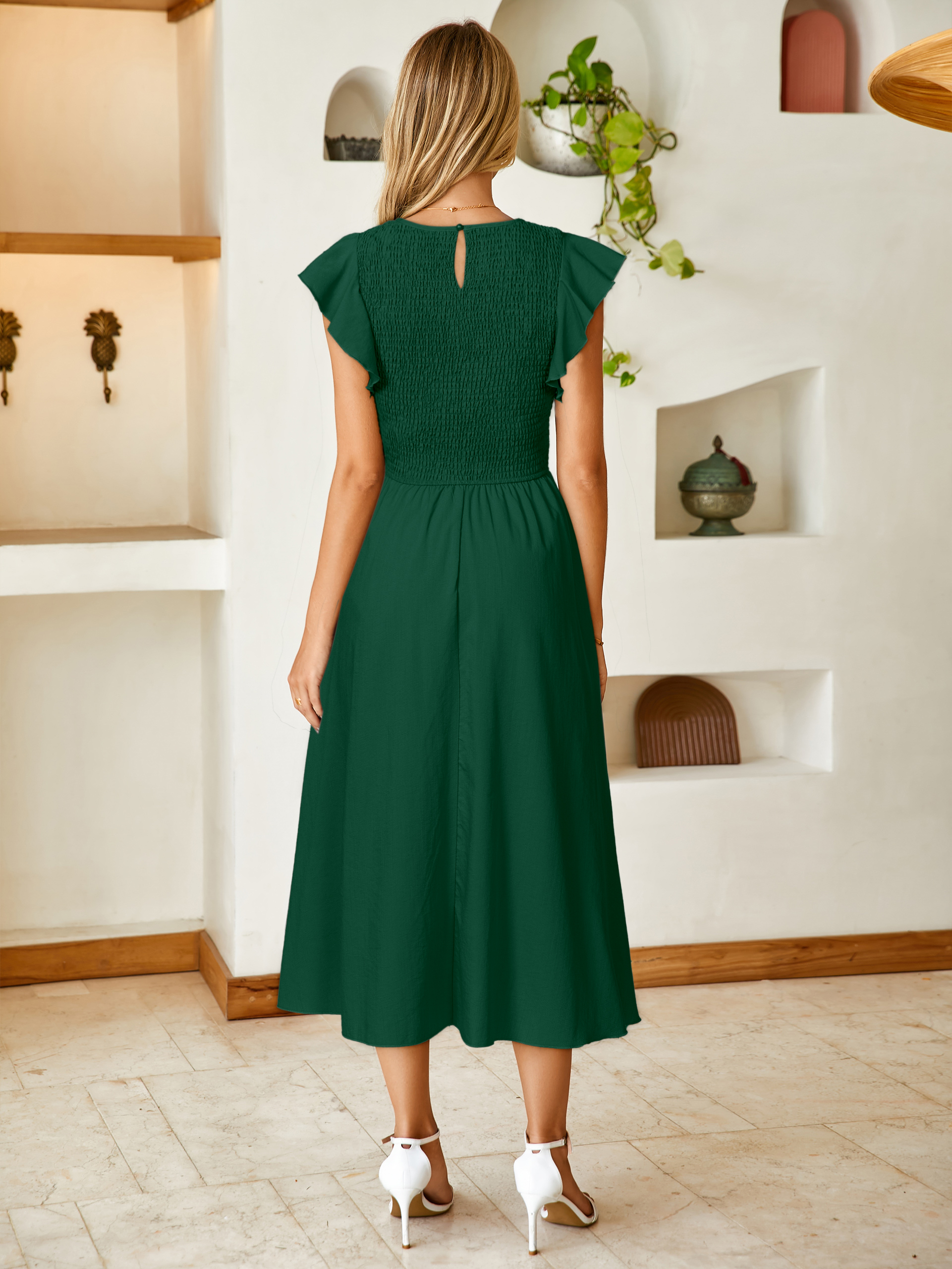 Smocked Bodice Flutter Sleeve A-Line Midi Dress