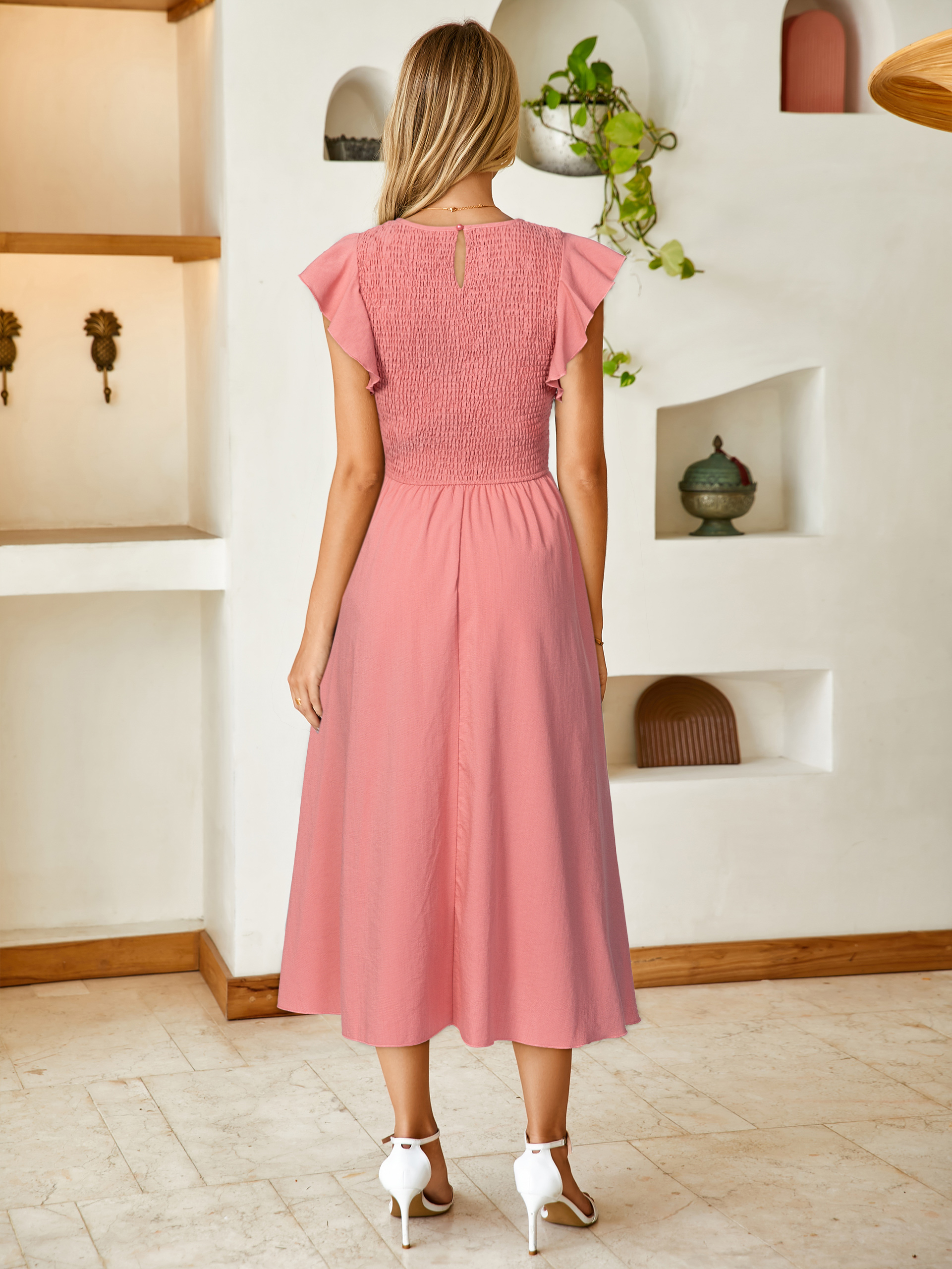 Smocked Bodice Flutter Sleeve A-Line Midi Dress