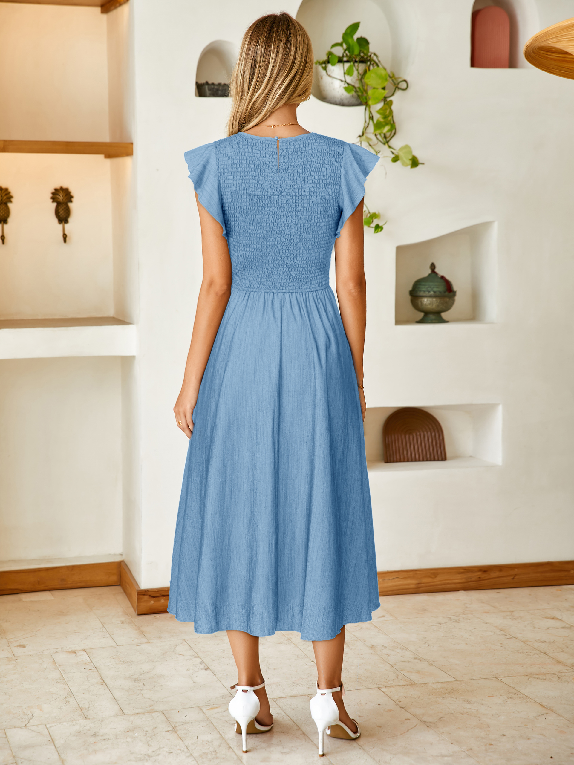Smocked Bodice Flutter Sleeve A-Line Midi Dress