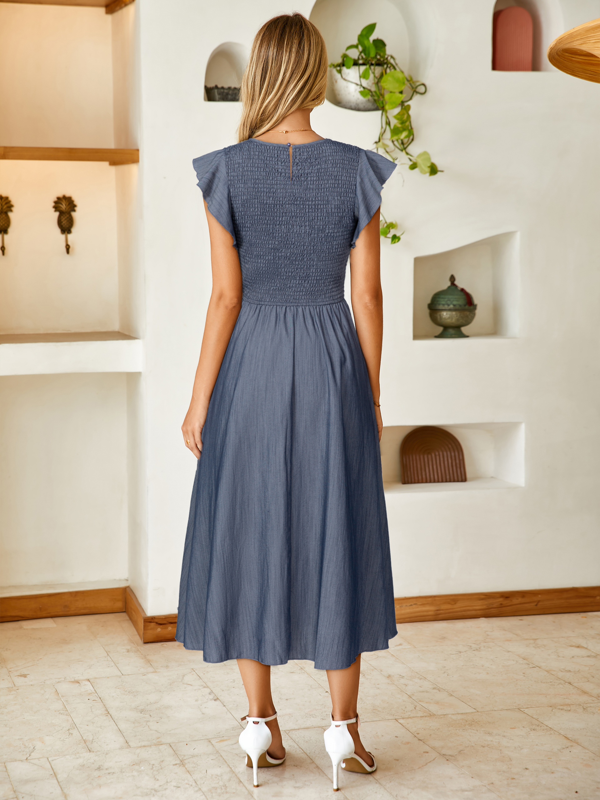 Smocked Bodice Flutter Sleeve A-Line Midi Dress