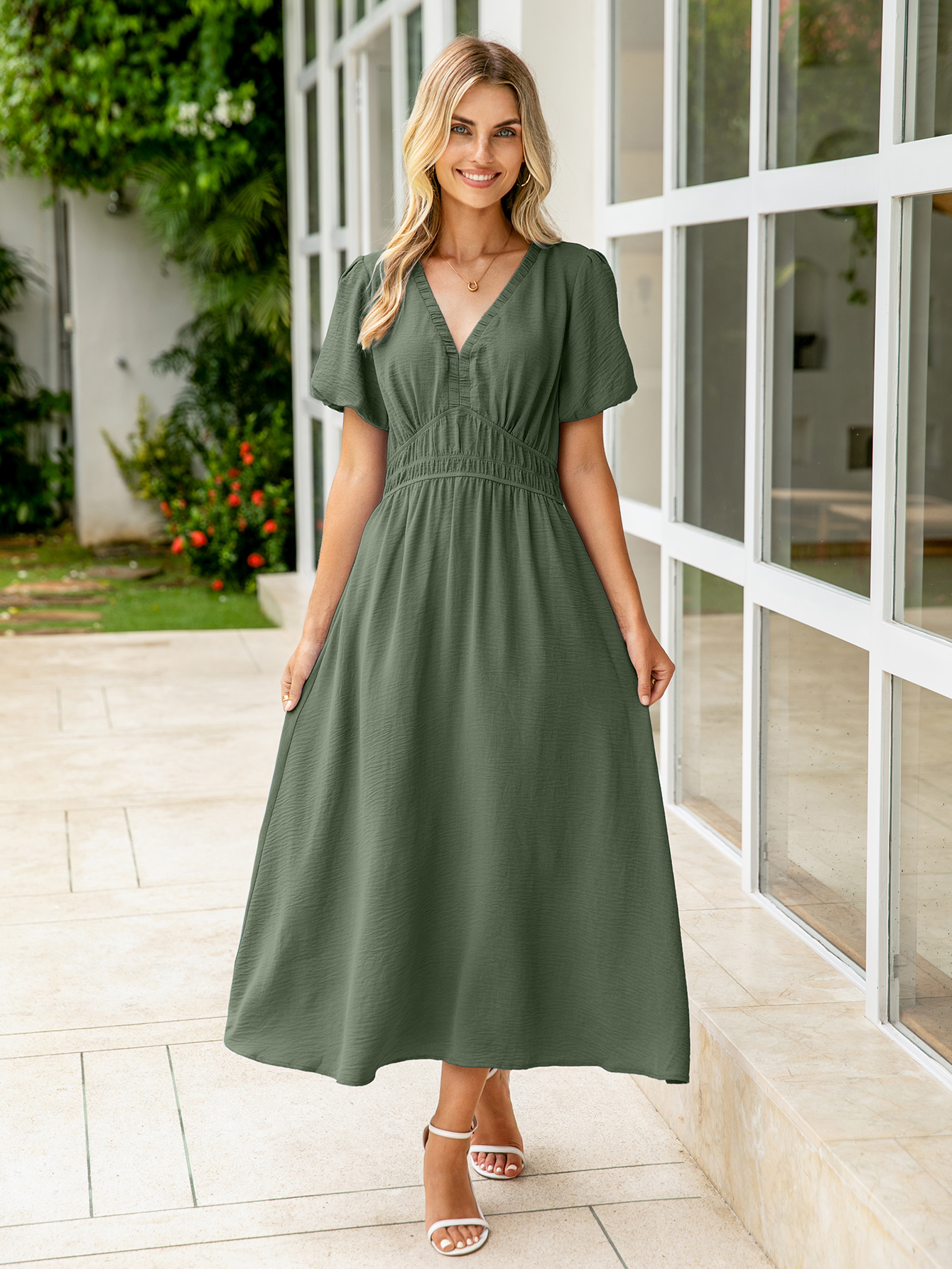 Boho Puff Sleeve Flowy Wedding Guest Maxi Dress