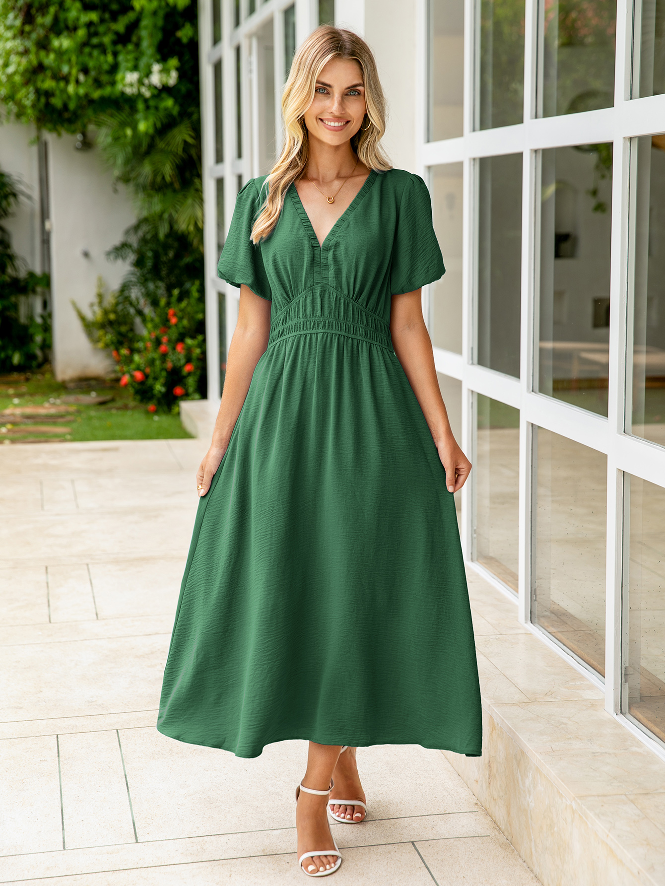 Boho Puff Sleeve Flowy Wedding Guest Maxi Dress