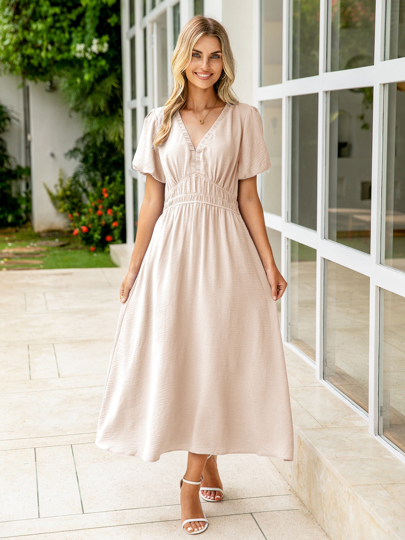 Boho Puff Sleeve Flowy Wedding Guest Maxi Dress