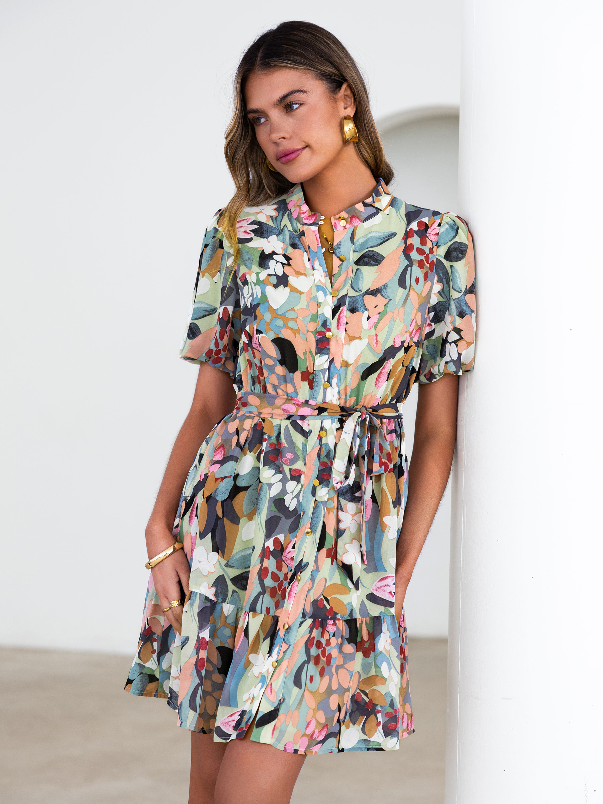 Floral Button Down Tie Waist A-Line Mini Dress