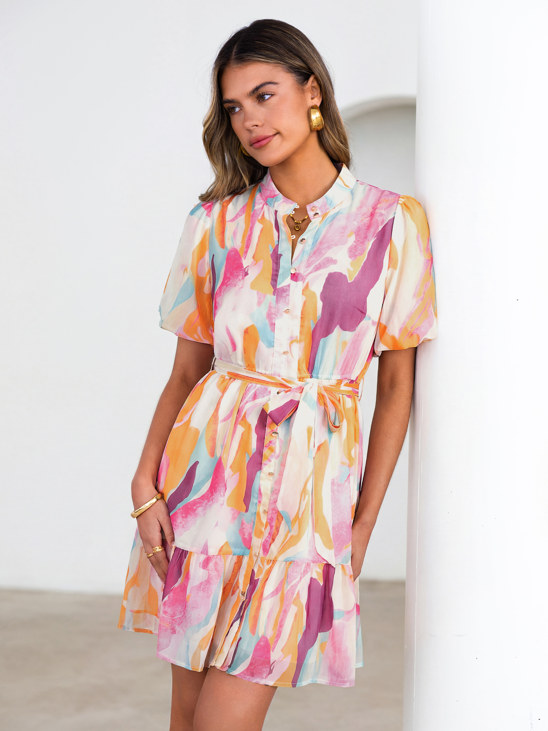 Floral Button Down Tie Waist A-Line Mini Dress