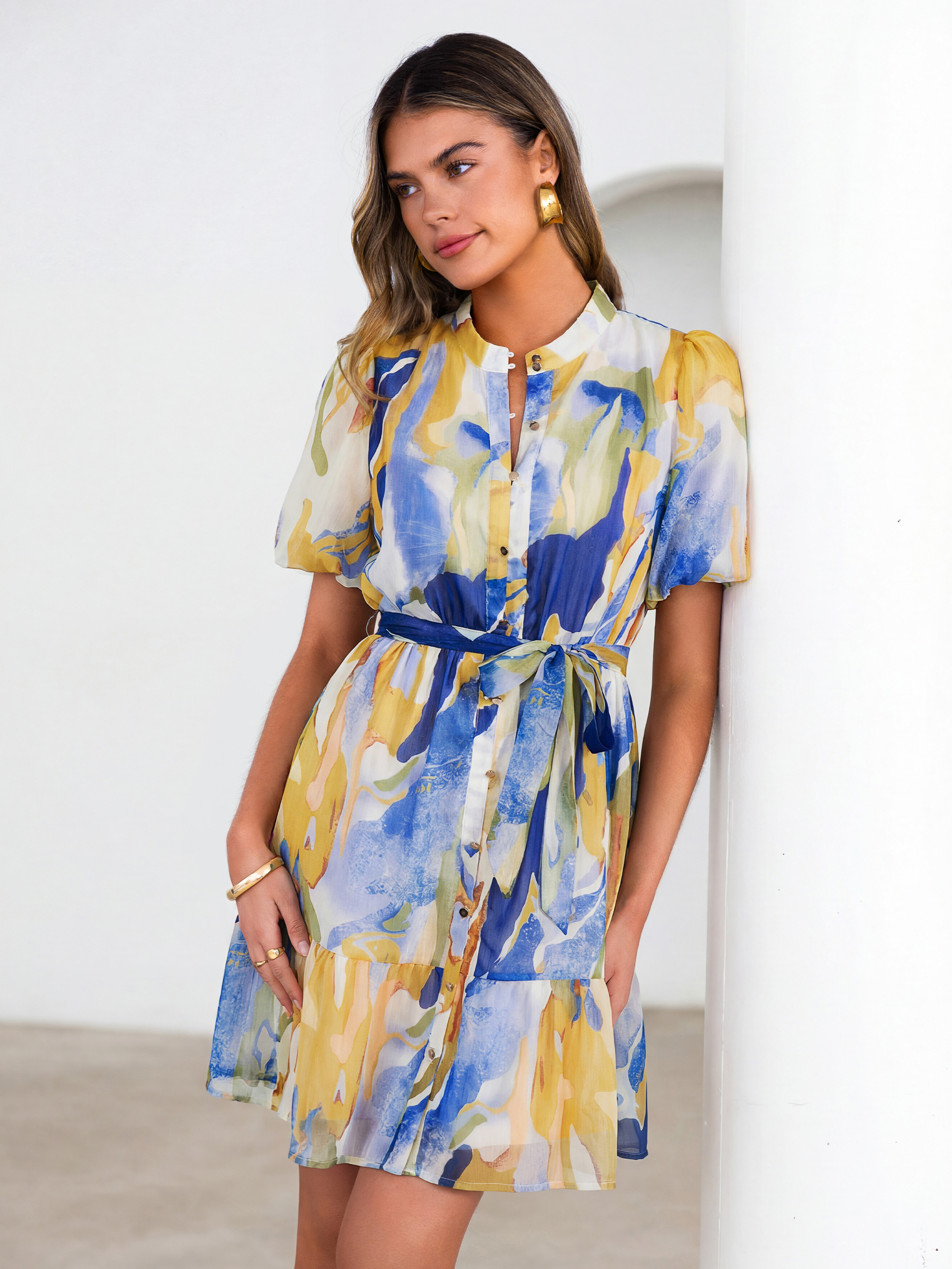 Floral Button Down Tie Waist A-Line Mini Dress