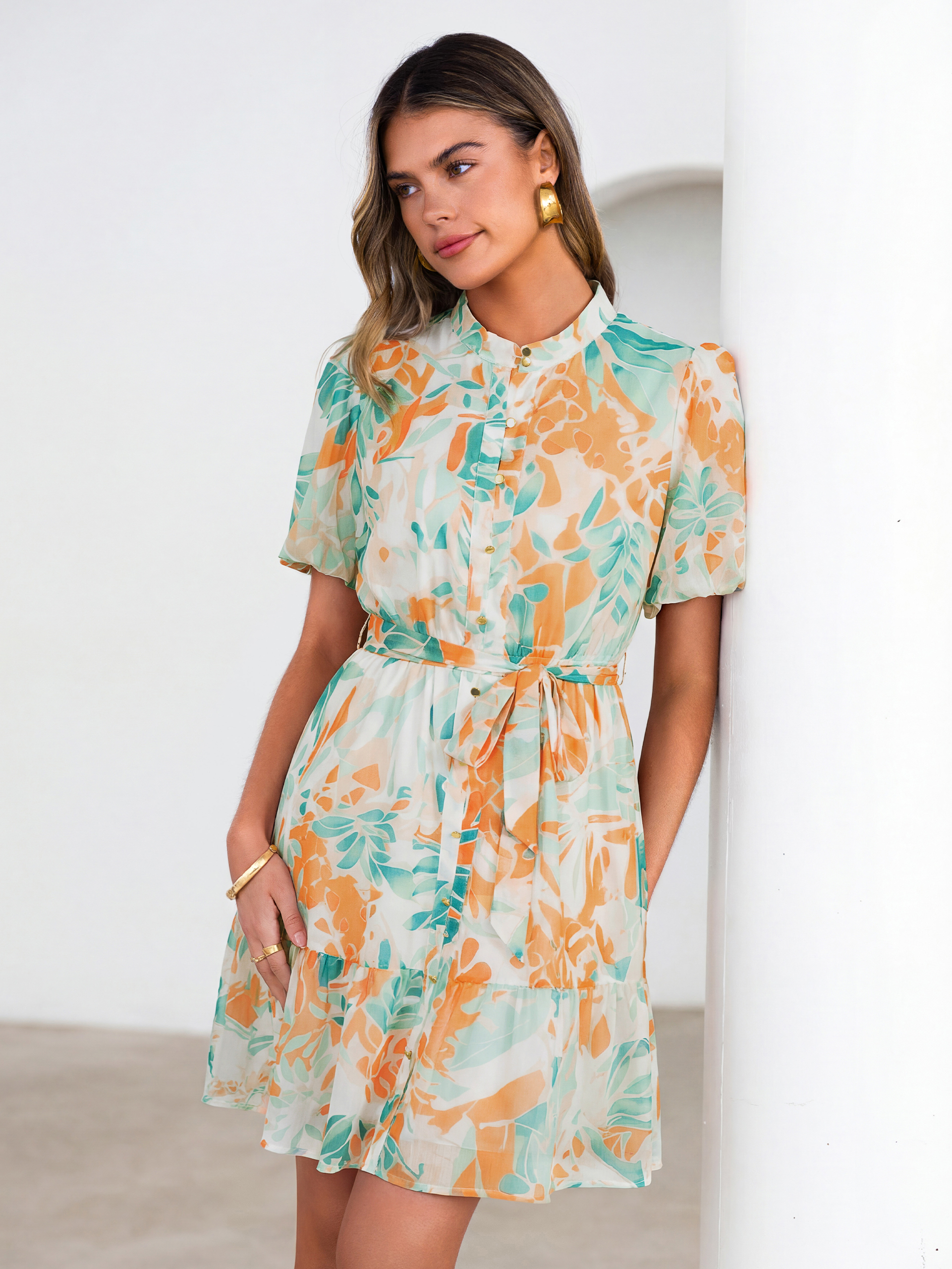 Floral Button Down Tie Waist A-Line Mini Dress