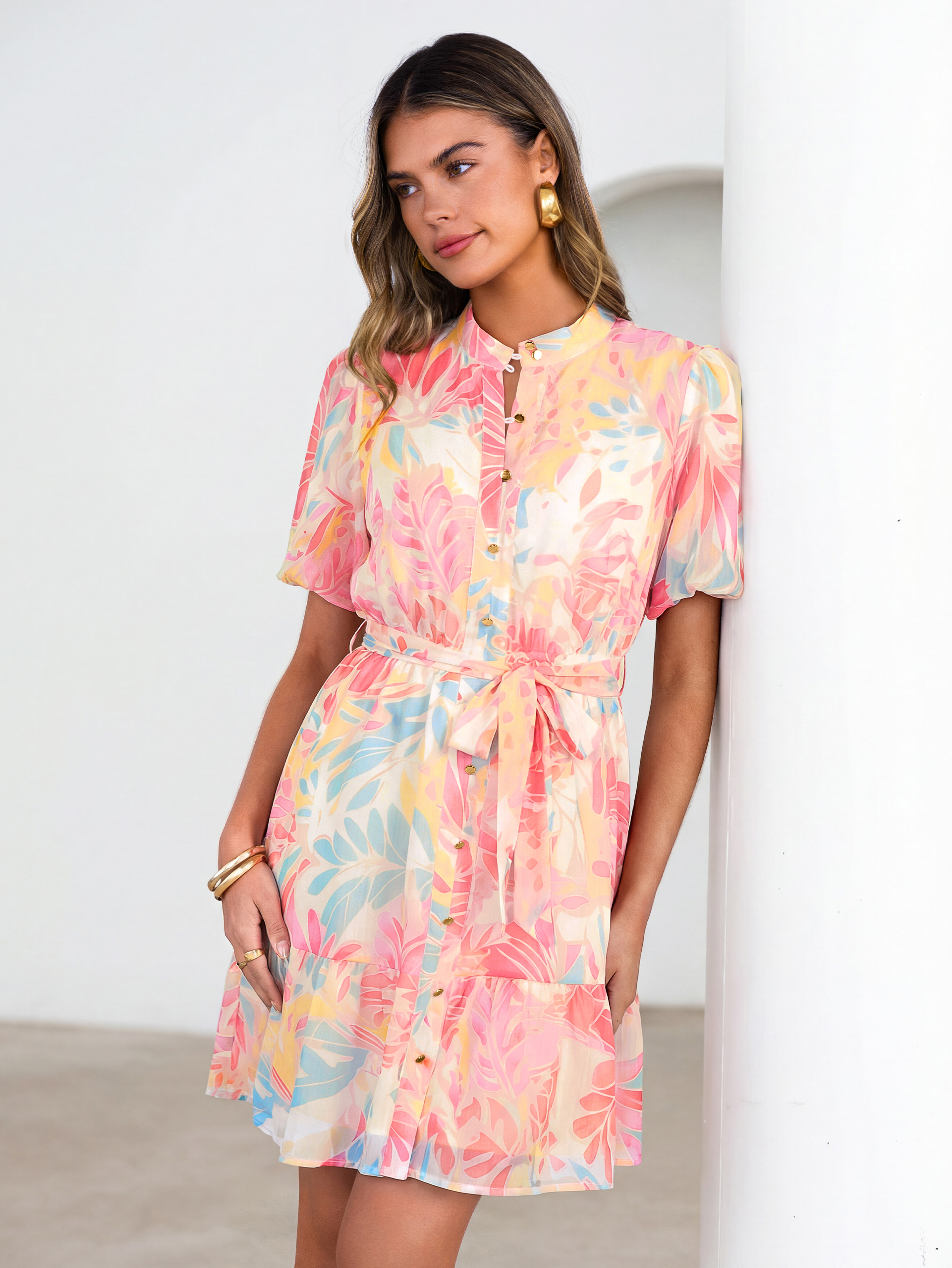 Floral Button Down Tie Waist A-Line Mini Dress