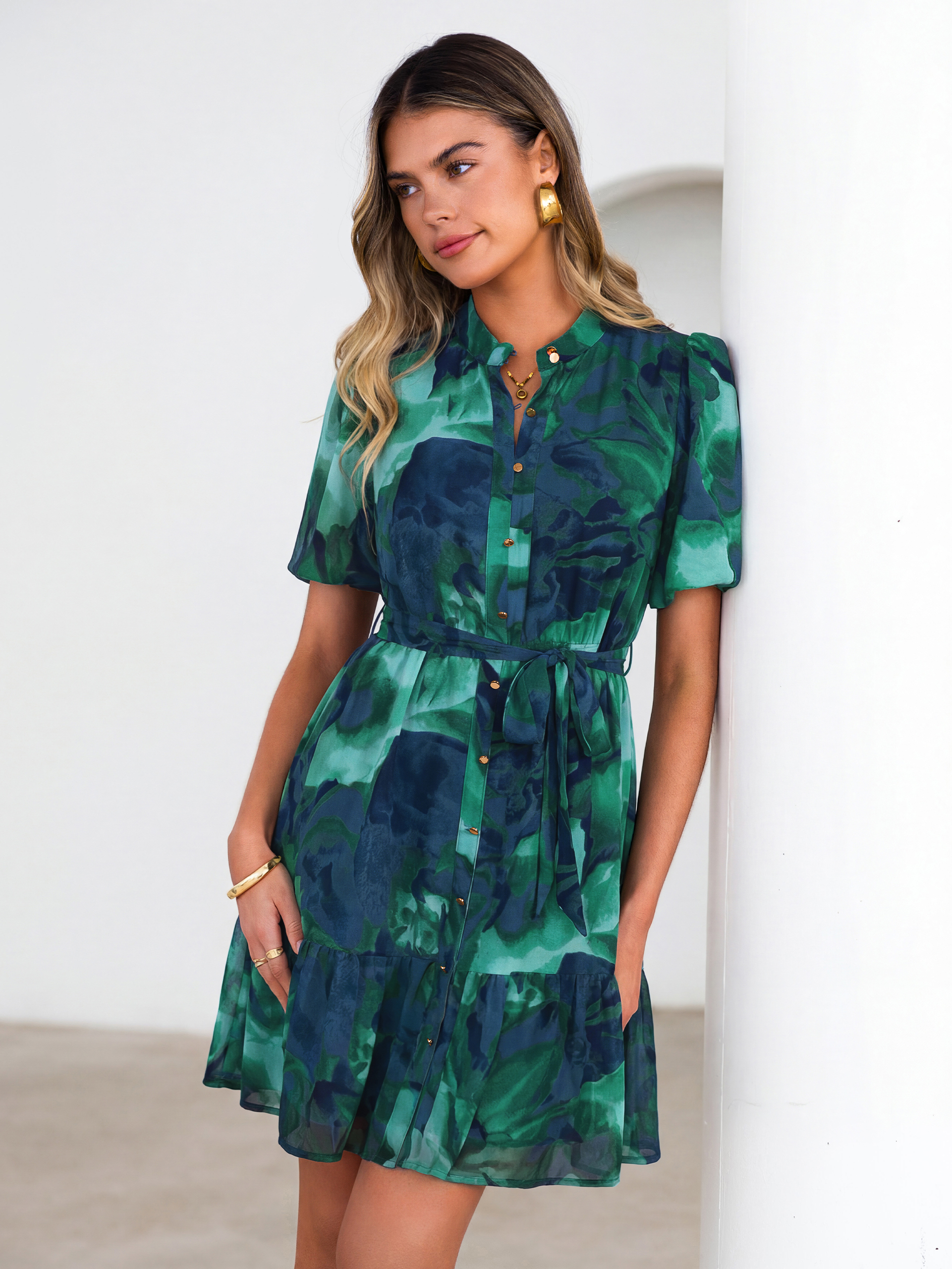 Floral Button Down Tie Waist A-Line Mini Dress