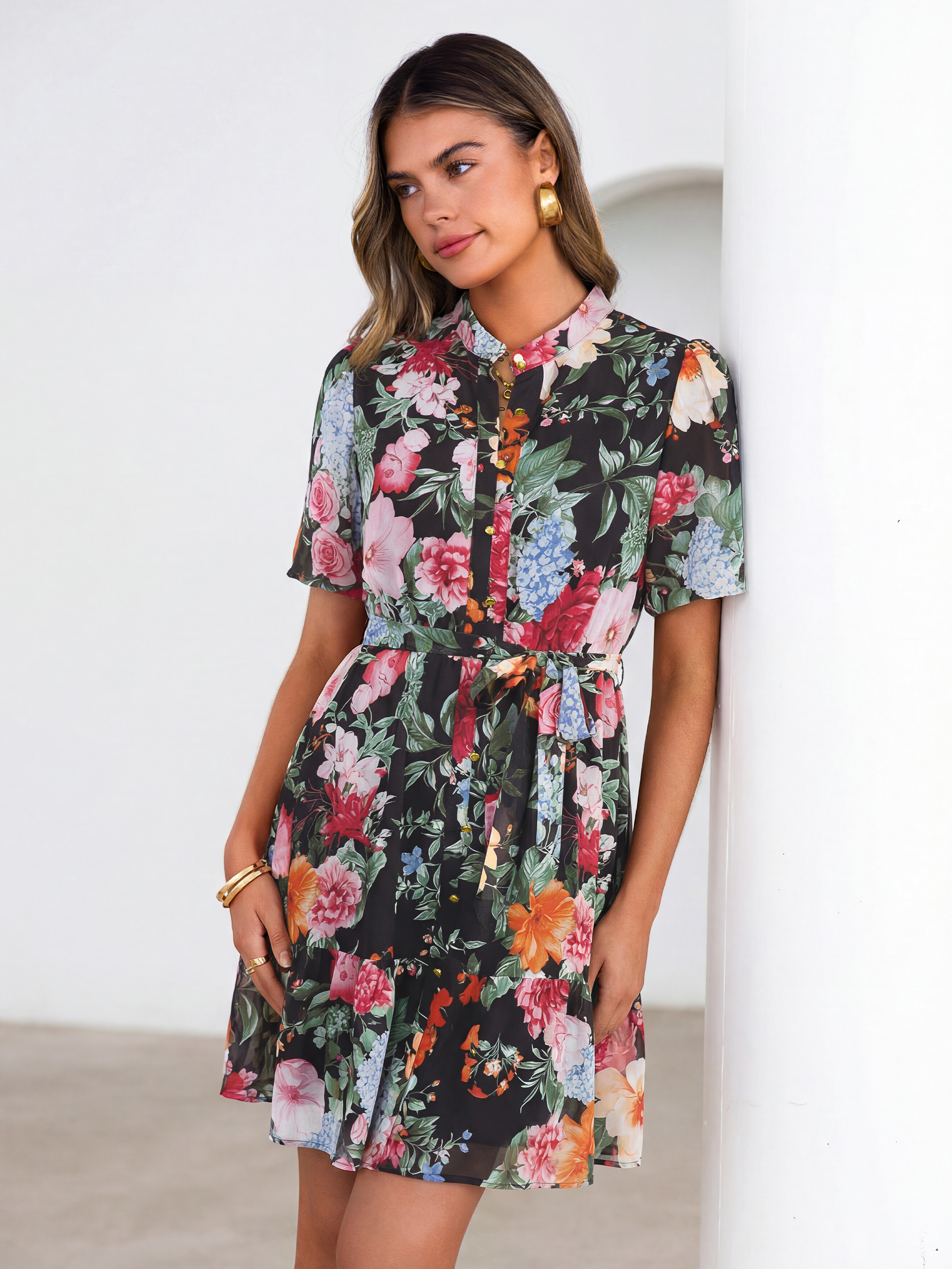 Floral Button Down Tie Waist A-Line Mini Dress