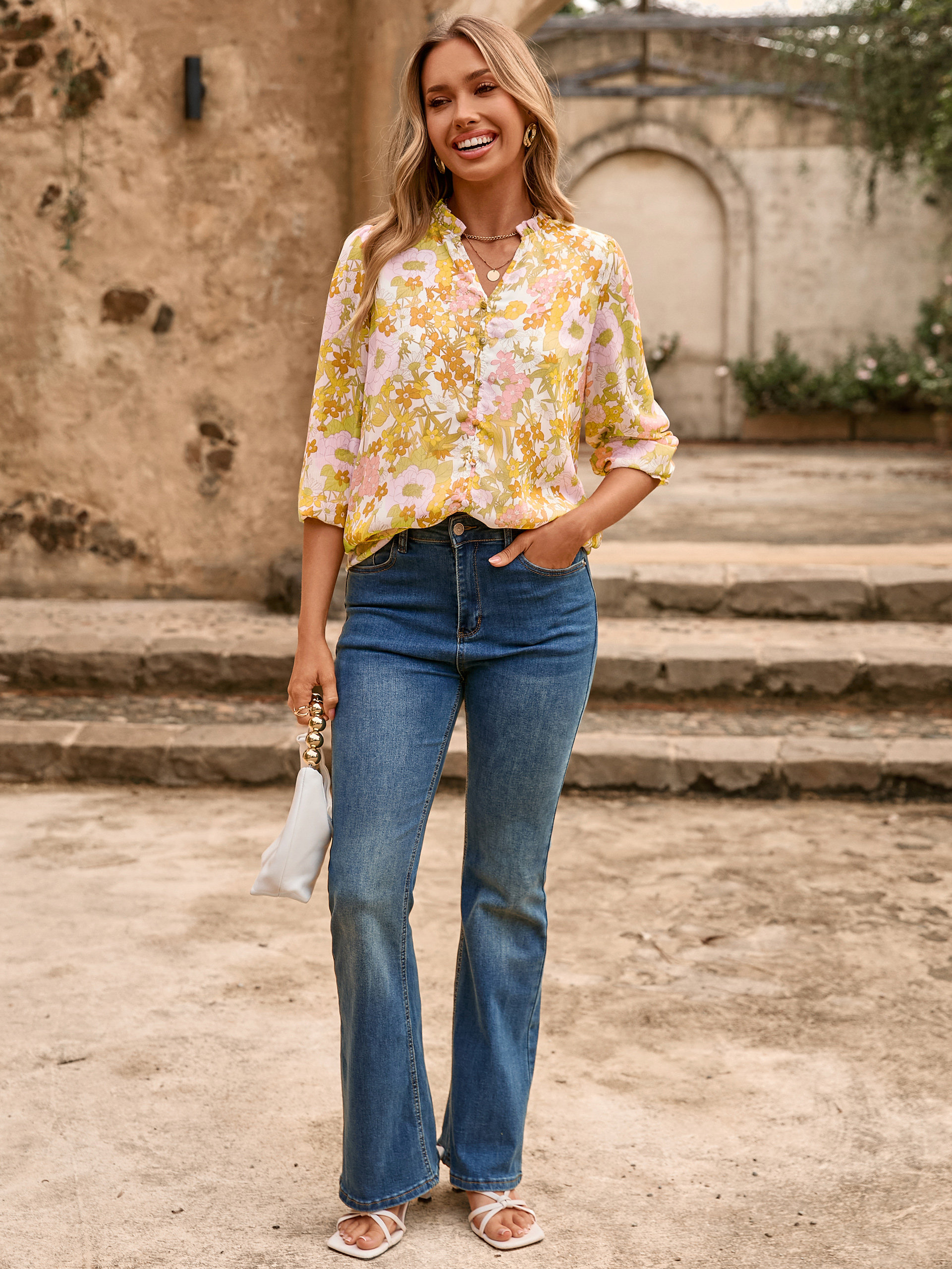 Floral V Neck Puff Sleeve Chiffon Blouse