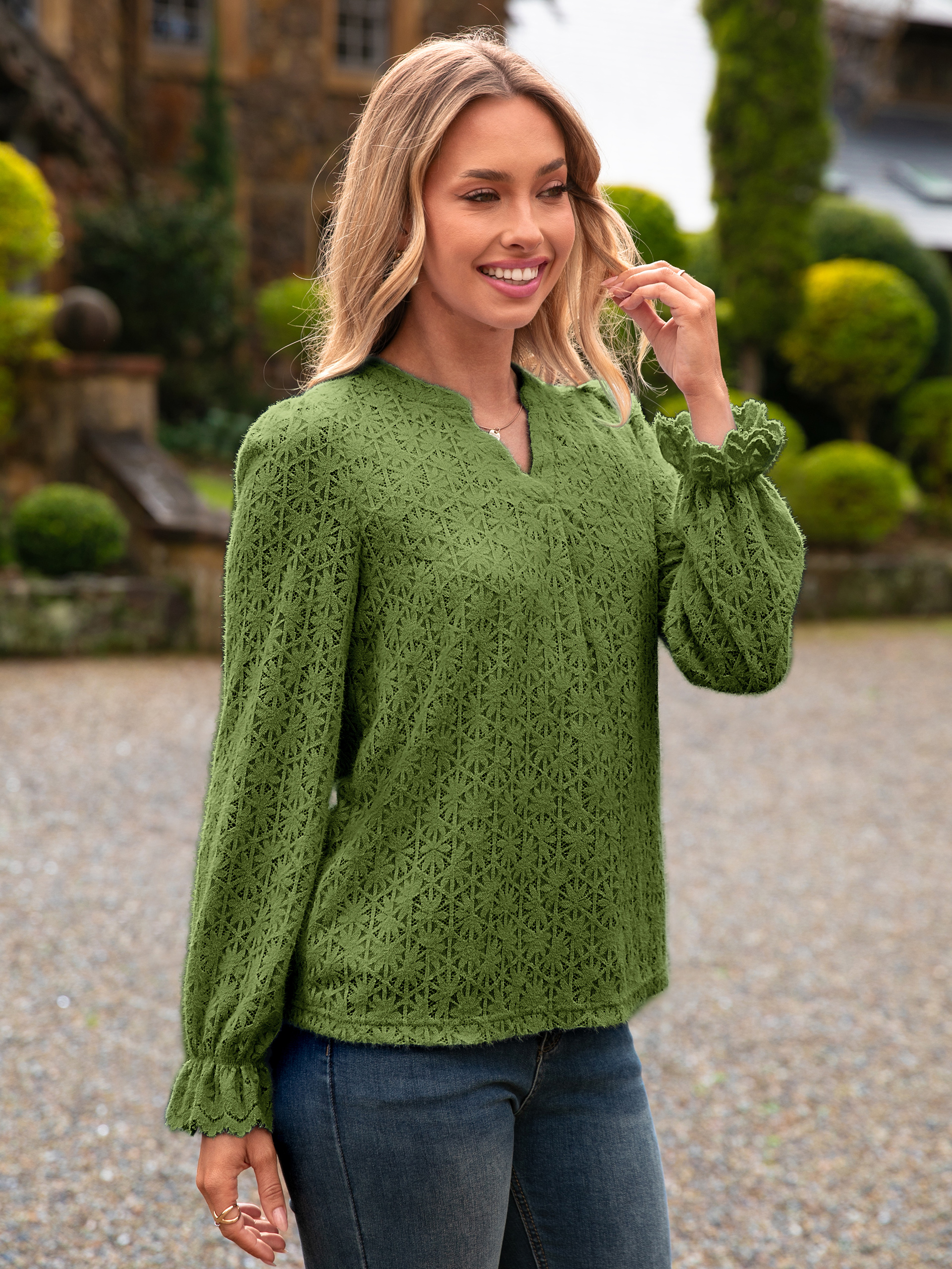 Lace Eyelet V Neck Long Sleeve Top