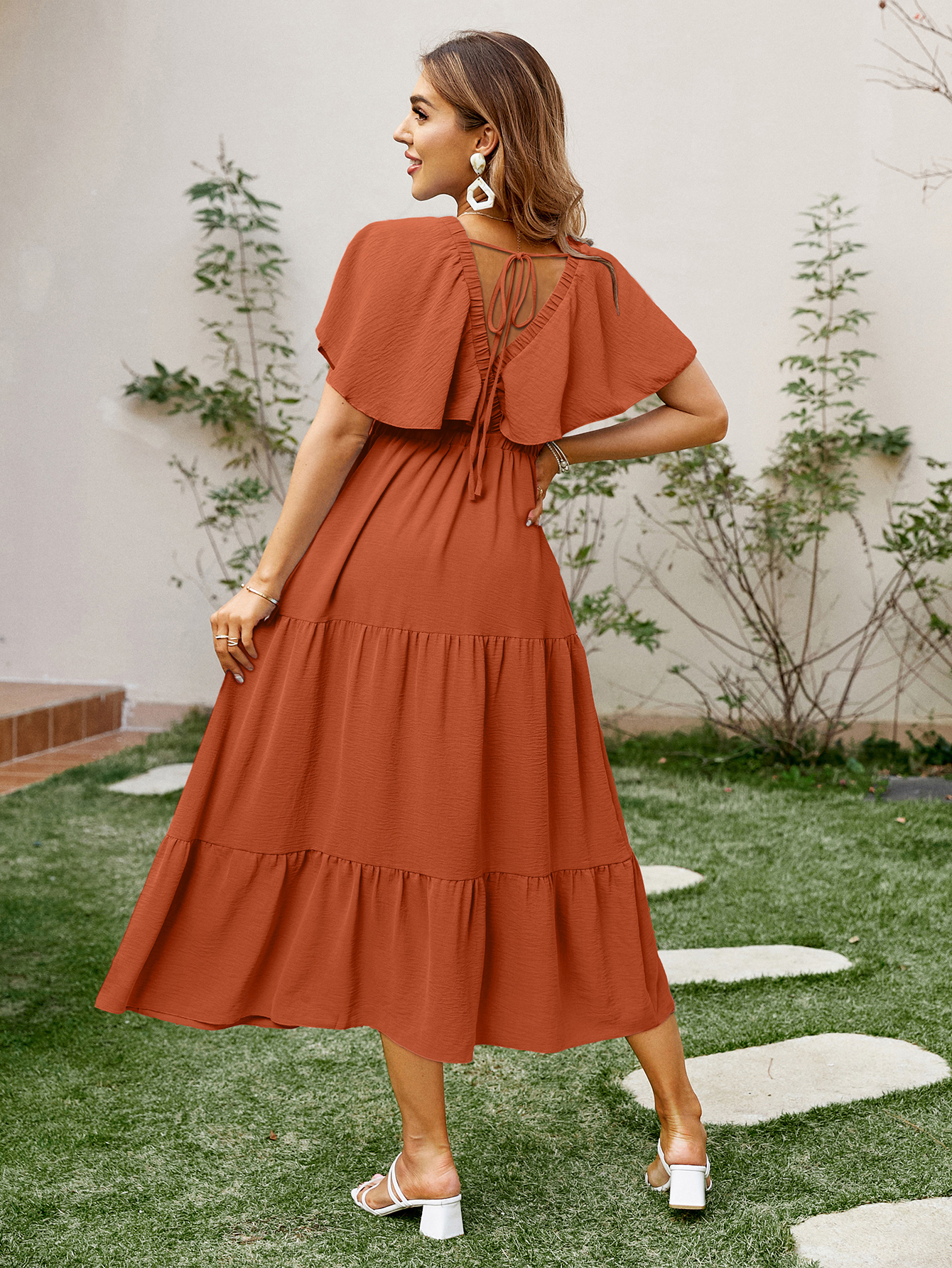 Solid Color Tiered V-Neck Ruffle Sleeve Maxi Dress
