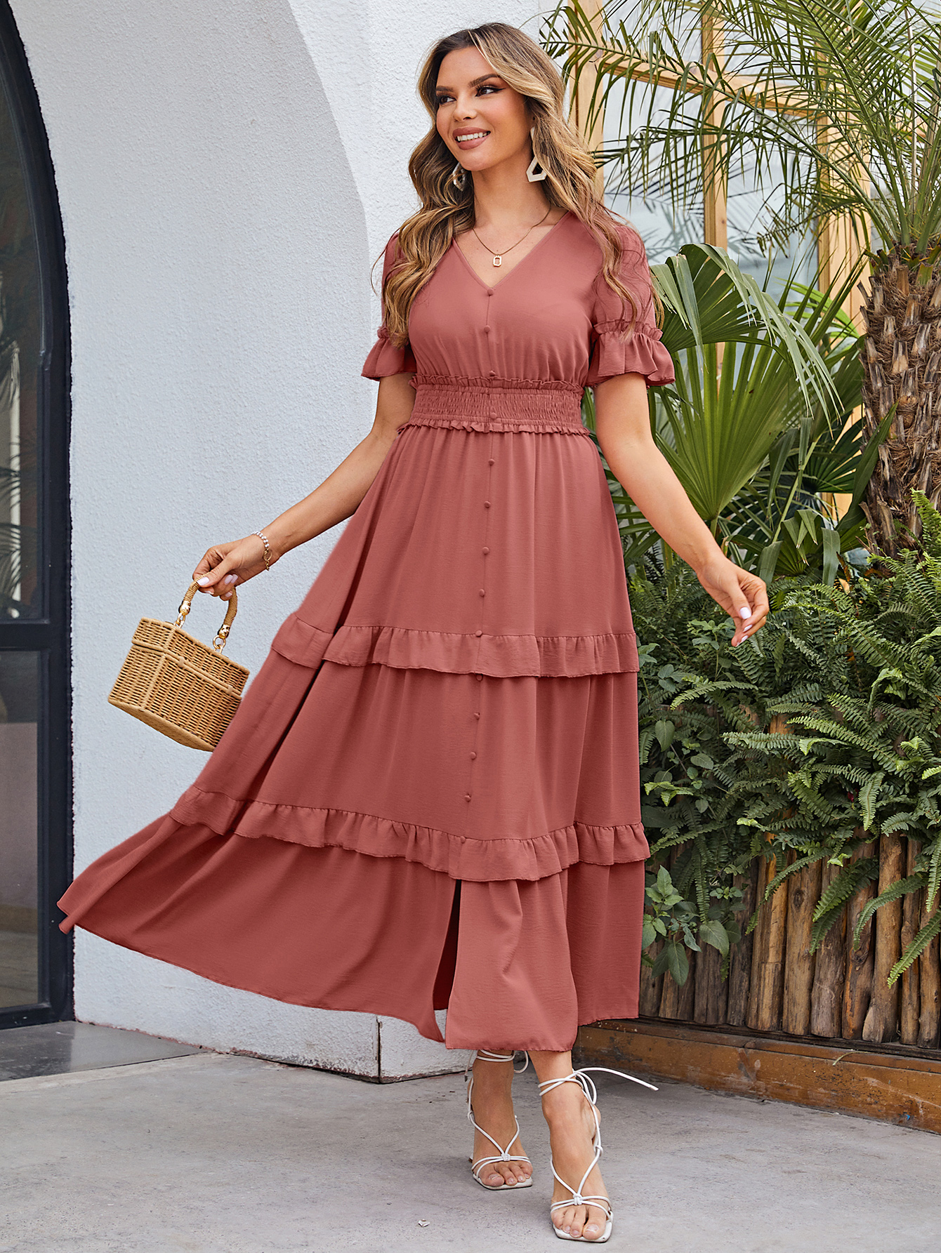 Short Sleeve Tiered Ruffle Smocked V-Neck Maxi Dress - Rose Pink