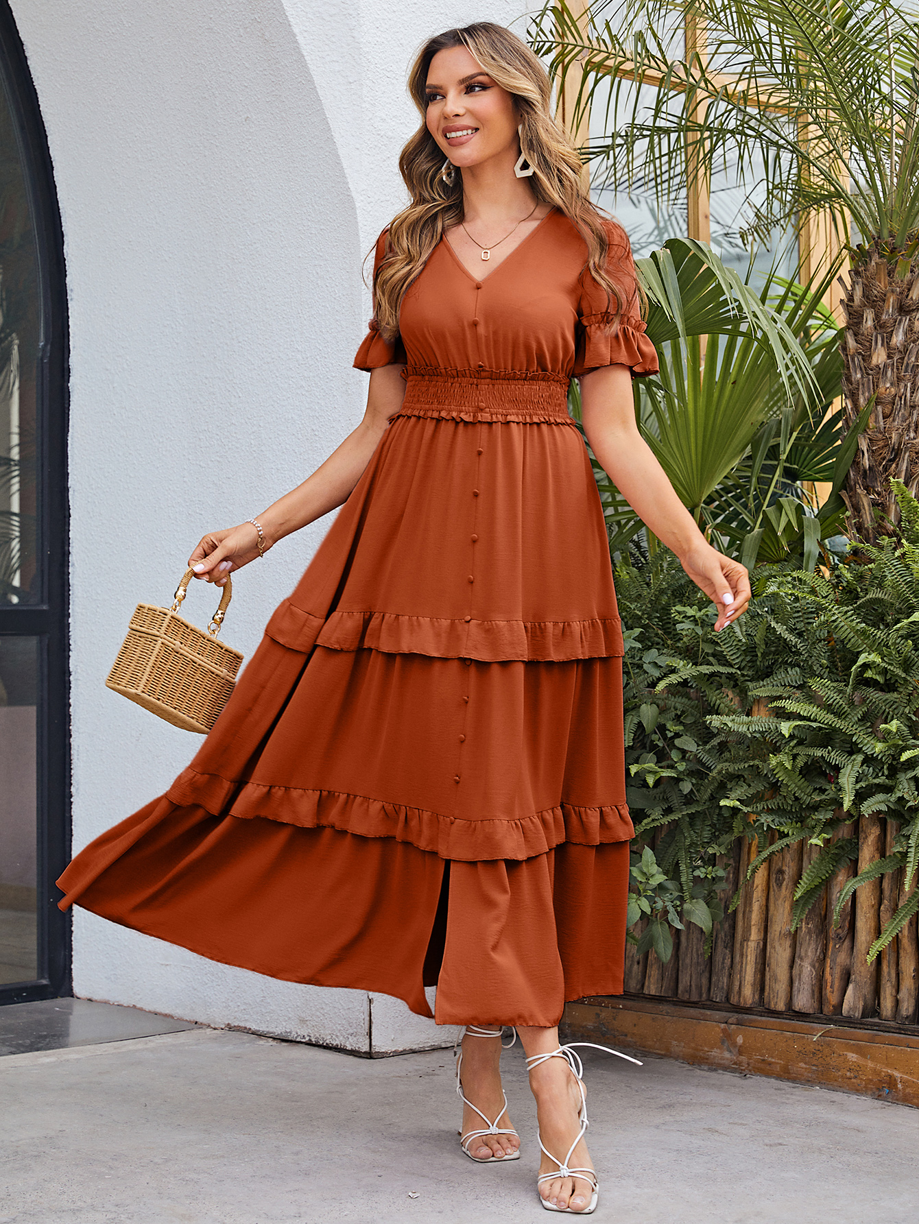 Short Sleeve Tiered Ruffle Smocked V-Neck Maxi Dress - Burnt Orange