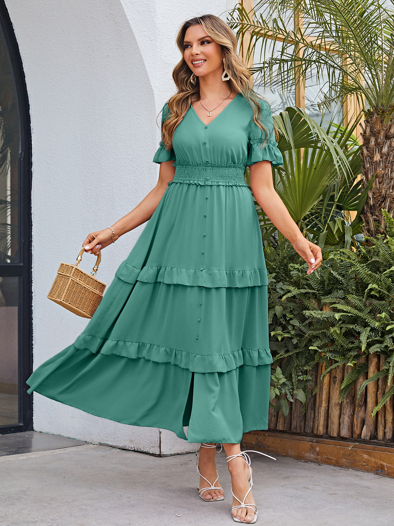 Short Sleeve Tiered Ruffle Smocked V-Neck Maxi Dress - Blue Green