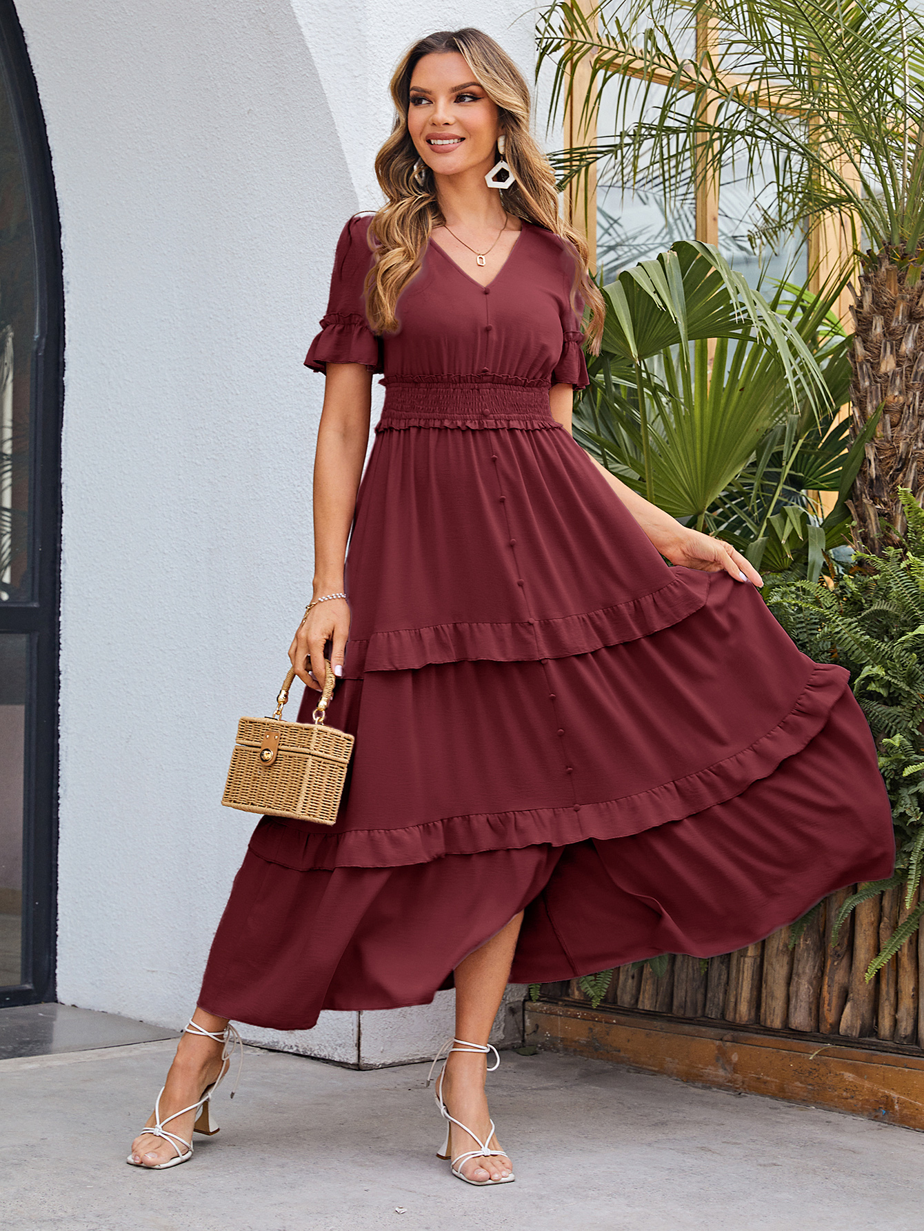 Short Sleeve Tiered Ruffle Smocked V-Neck Maxi Dress
