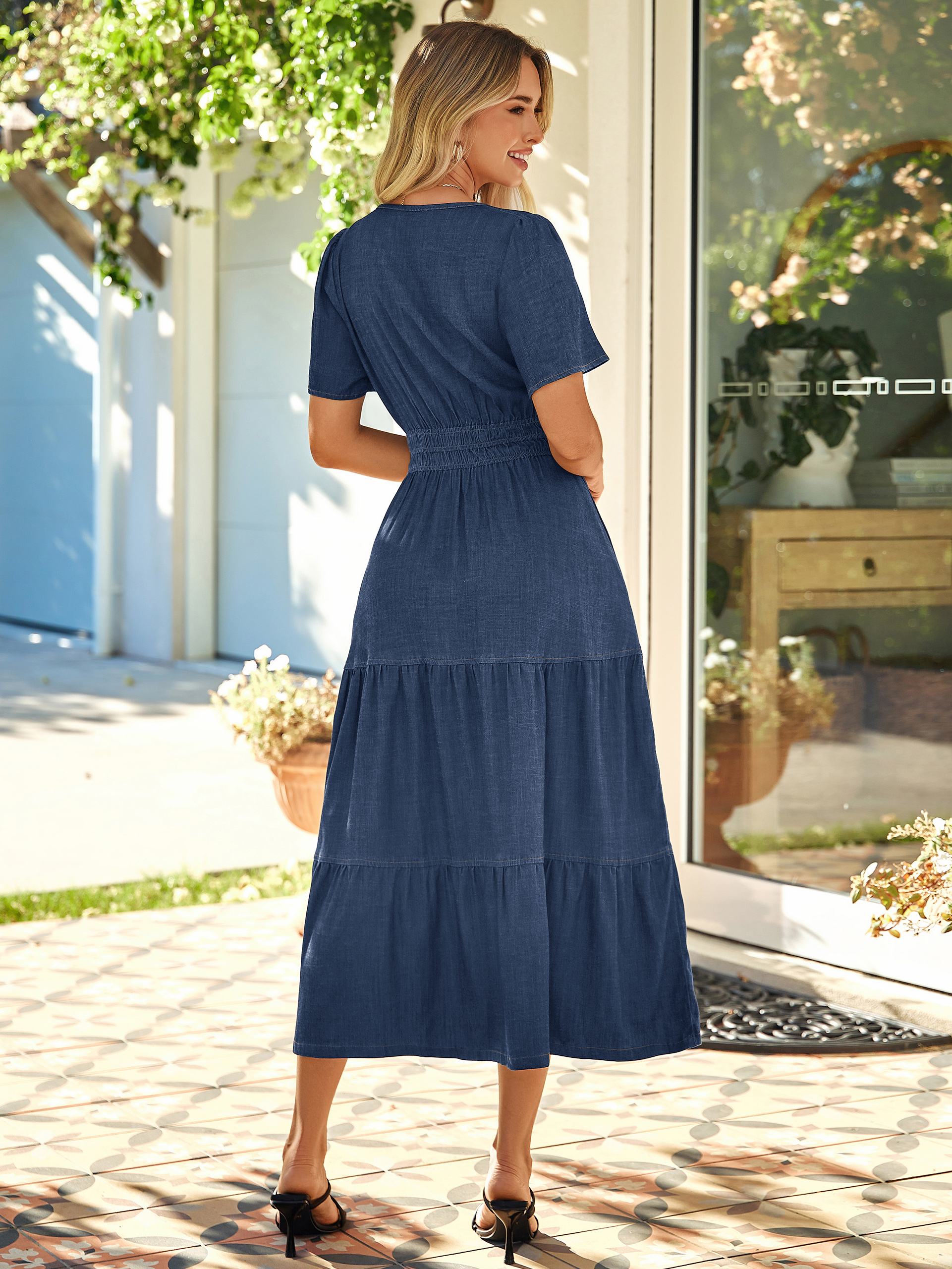 V Neck Smocked Waist Tiered Denim Maxi Dress - Denim Deep Blue