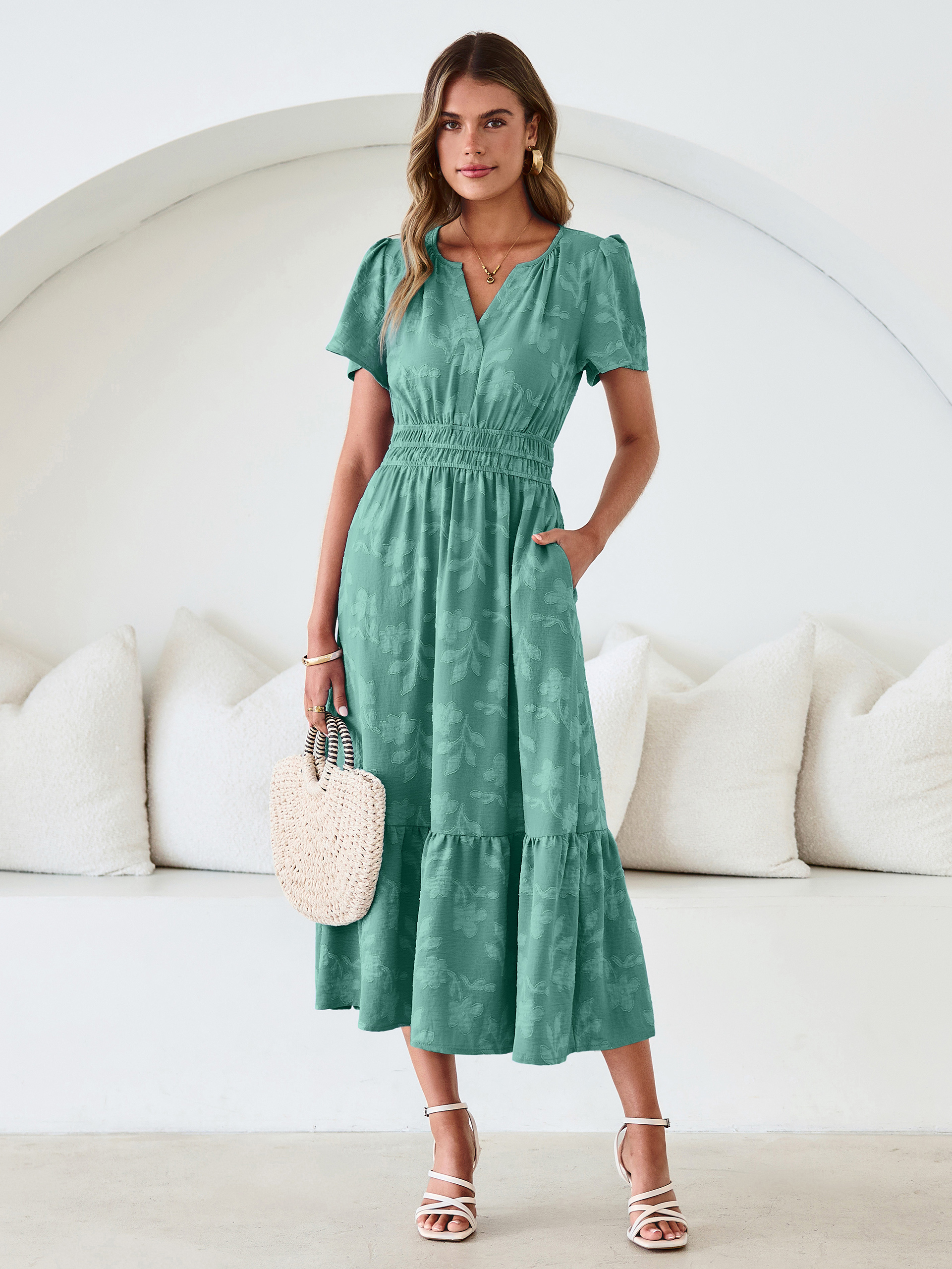 V Neck Burnout Floral Ruffle Maxi Dress