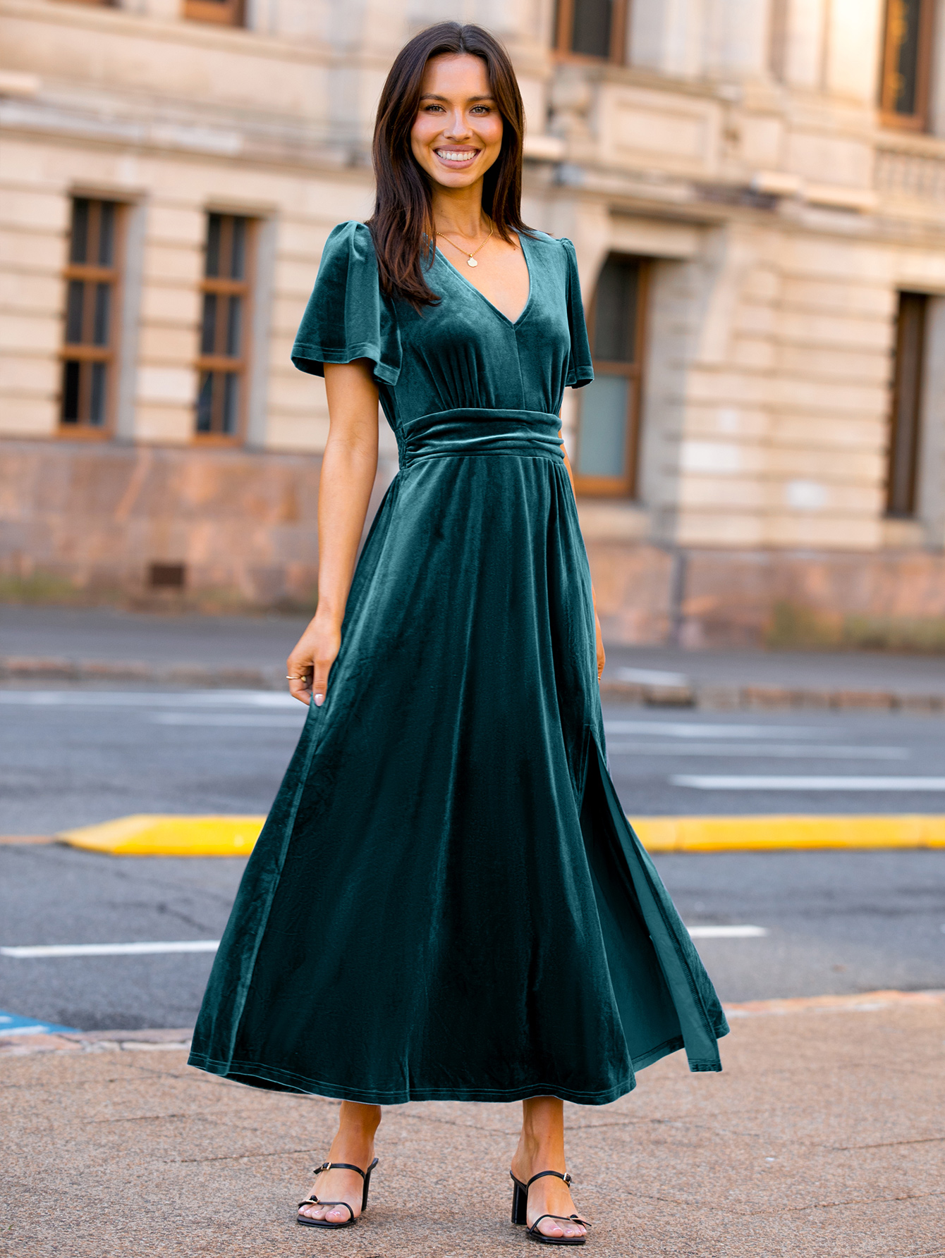 Elegant Velvet V-Neck Slit Ruffle Sleeve Maxi Dress