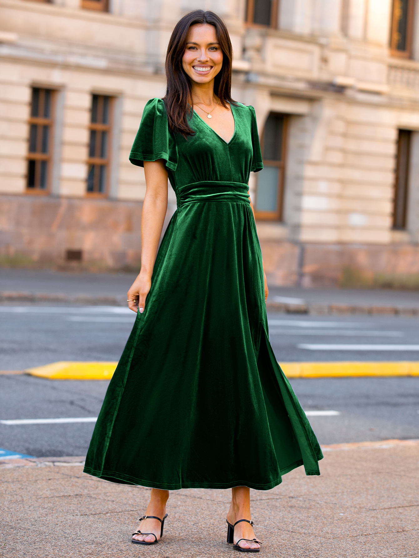 Elegant Velvet V-Neck Slit Ruffle Sleeve Maxi Dress