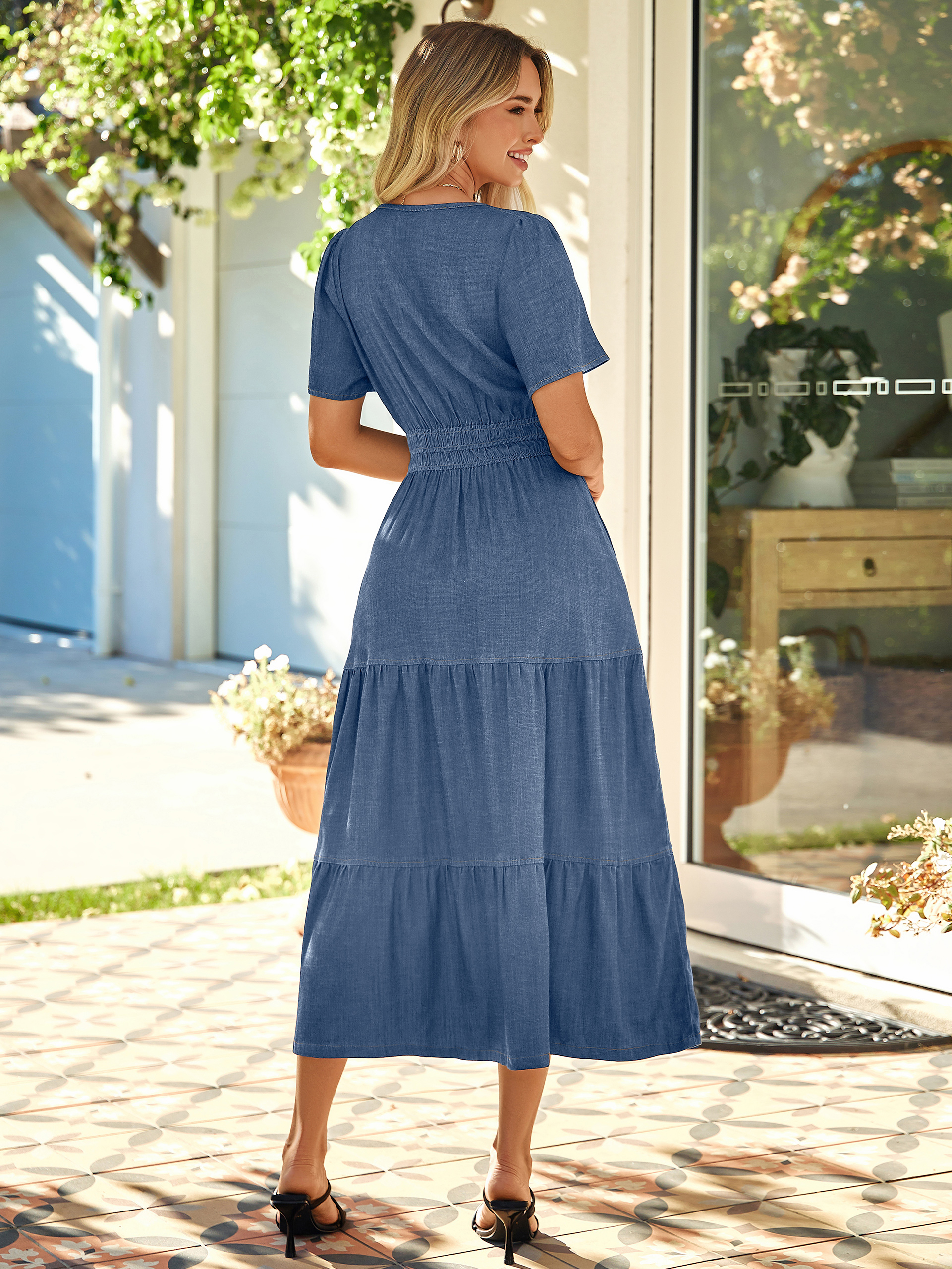 V Neck Smocked Waist Tiered Denim Maxi Dress - Denim Blue