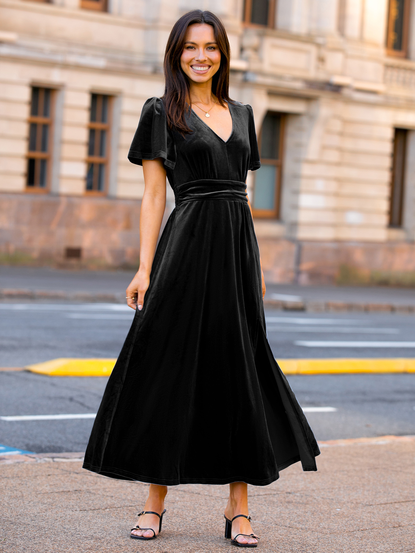 Elegant Velvet V-Neck Slit Ruffle Sleeve Maxi Dress