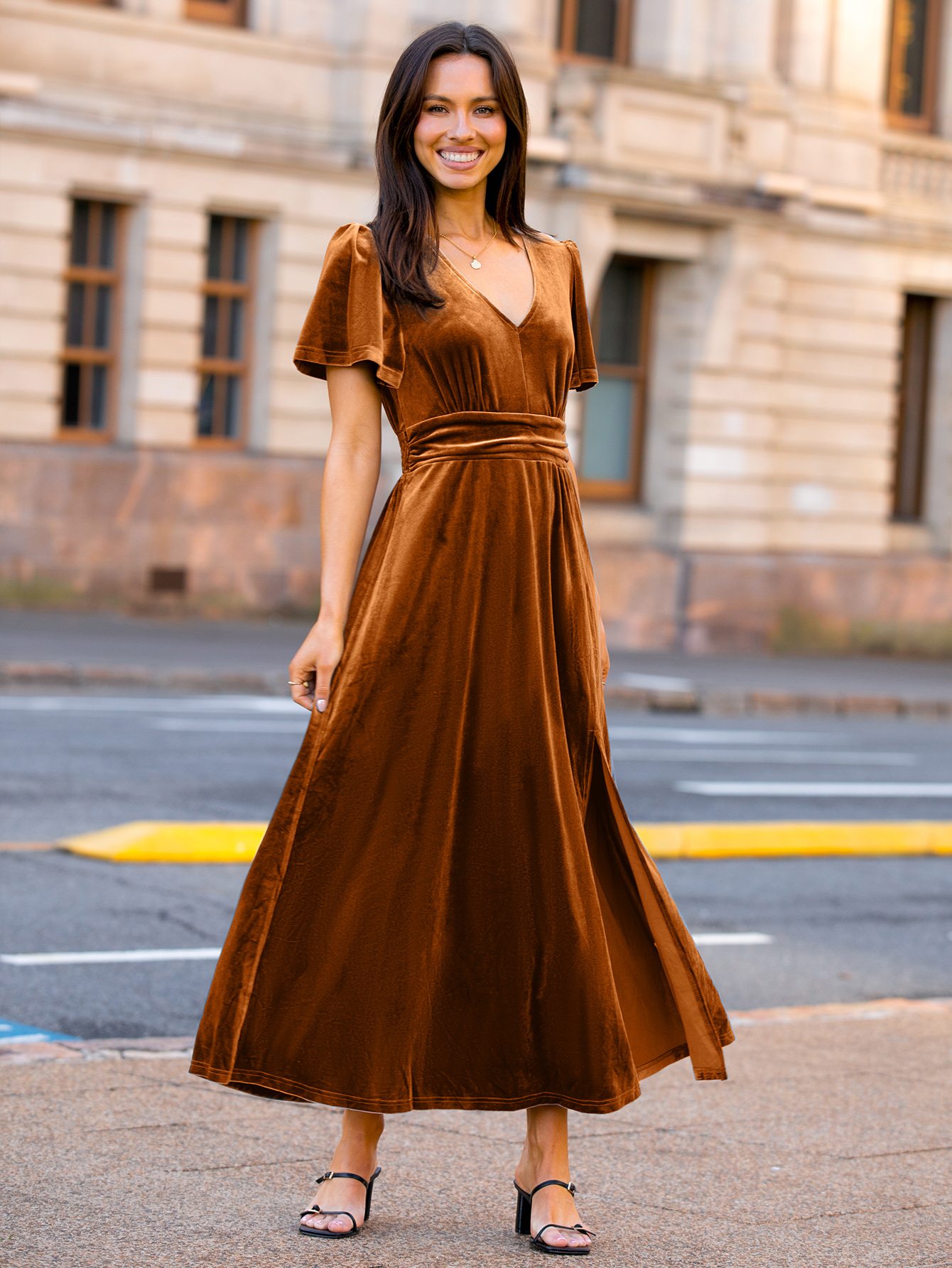 Elegant Velvet V-Neck Slit Ruffle Sleeve Maxi Dress