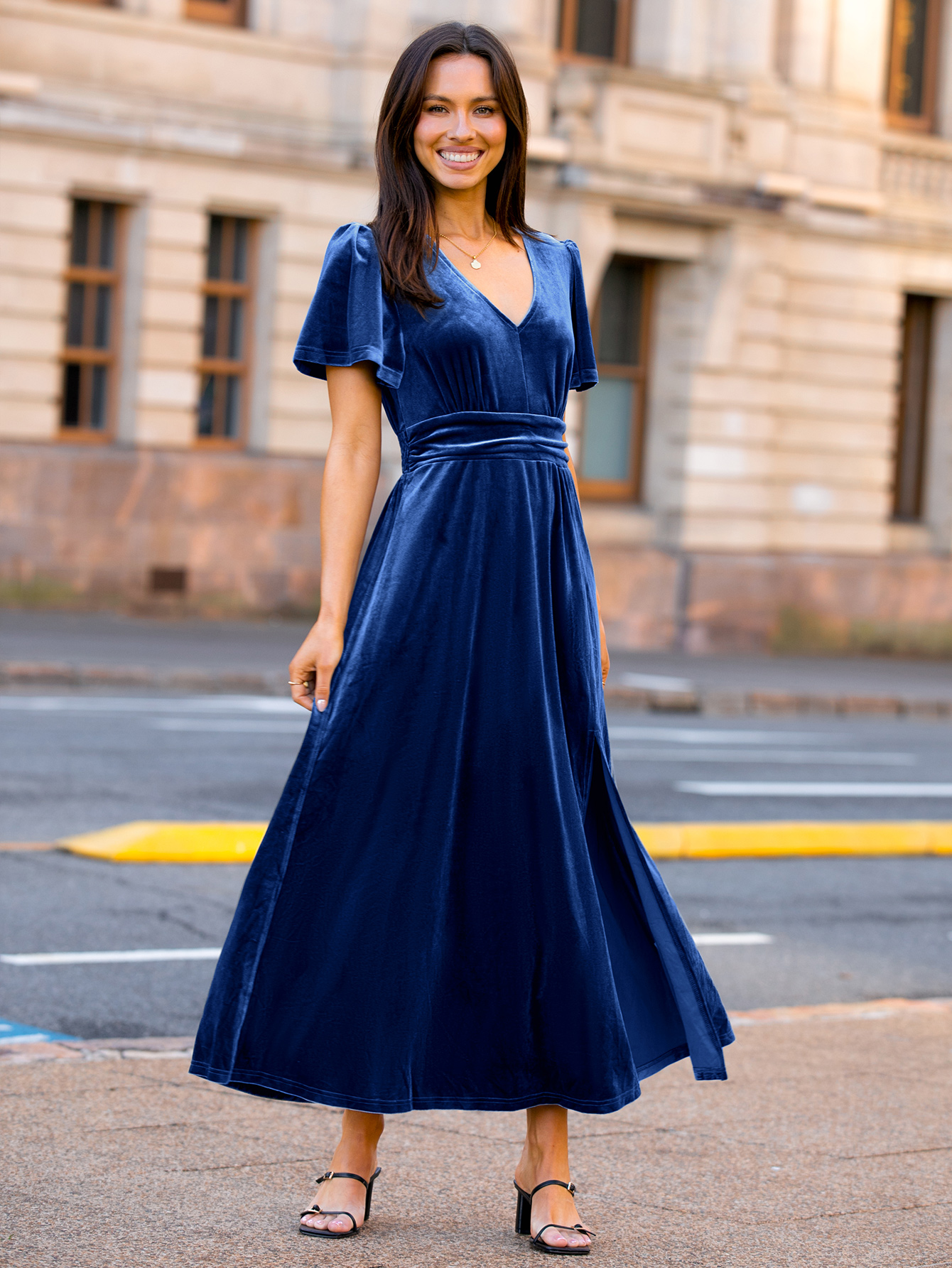 Elegant Velvet V-Neck Slit Ruffle Sleeve Maxi Dress
