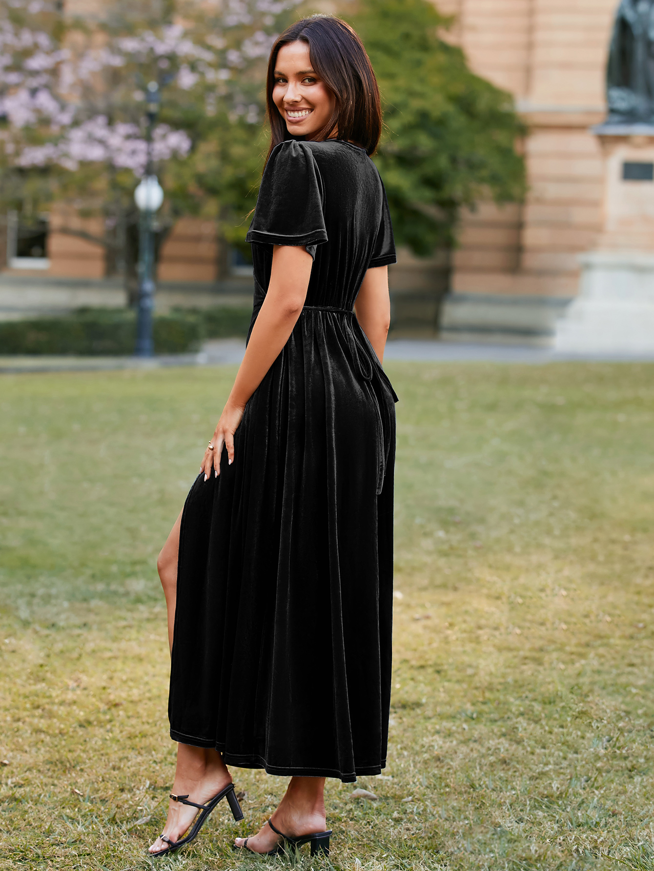 Velvet Wrap Dress V Neck Cocktail Maxi Dress