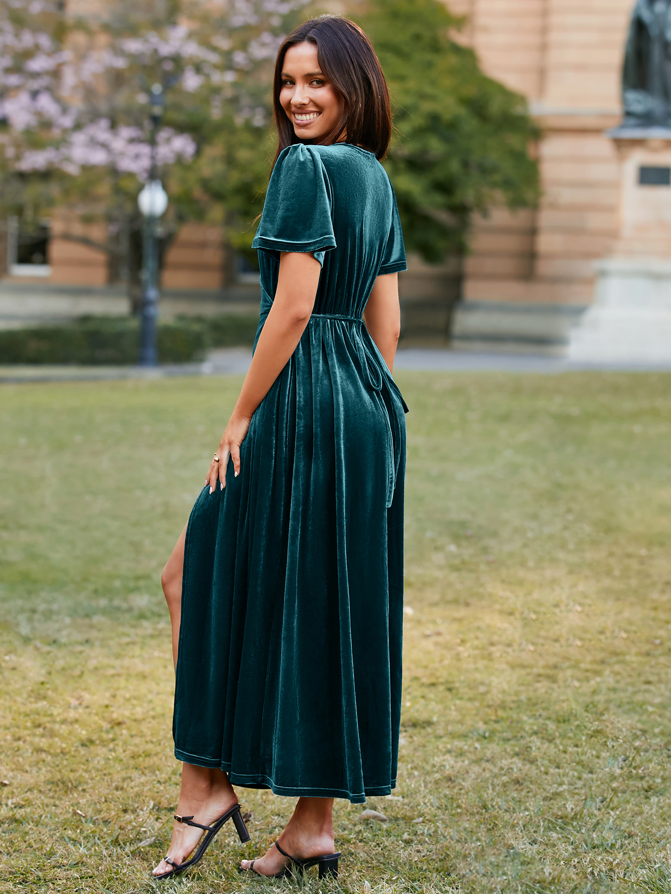 Velvet Wrap Dress V Neck Cocktail Maxi Dress