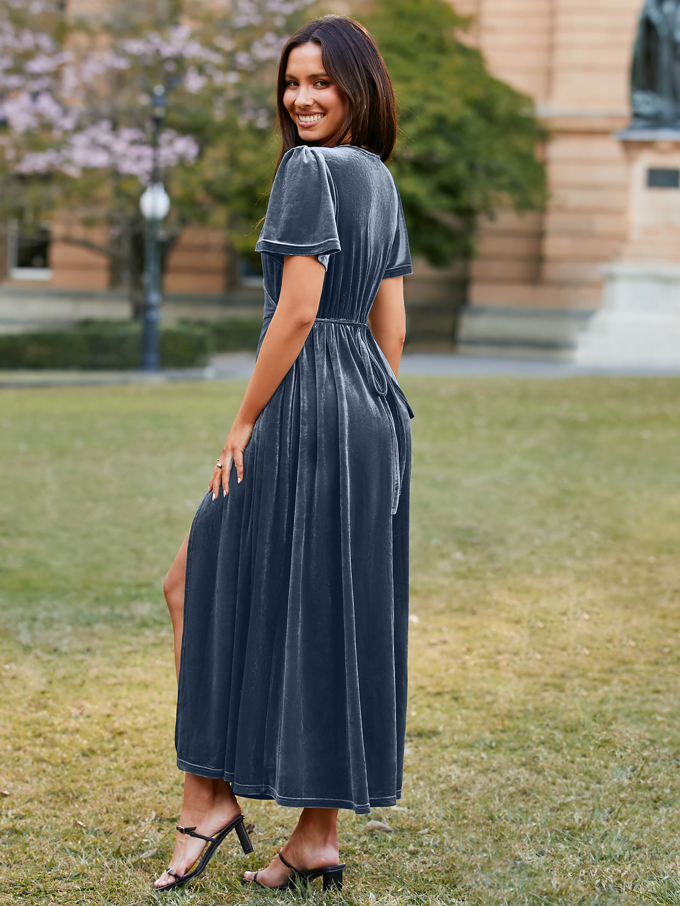Velvet Wrap Dress V Neck Cocktail Maxi Dress