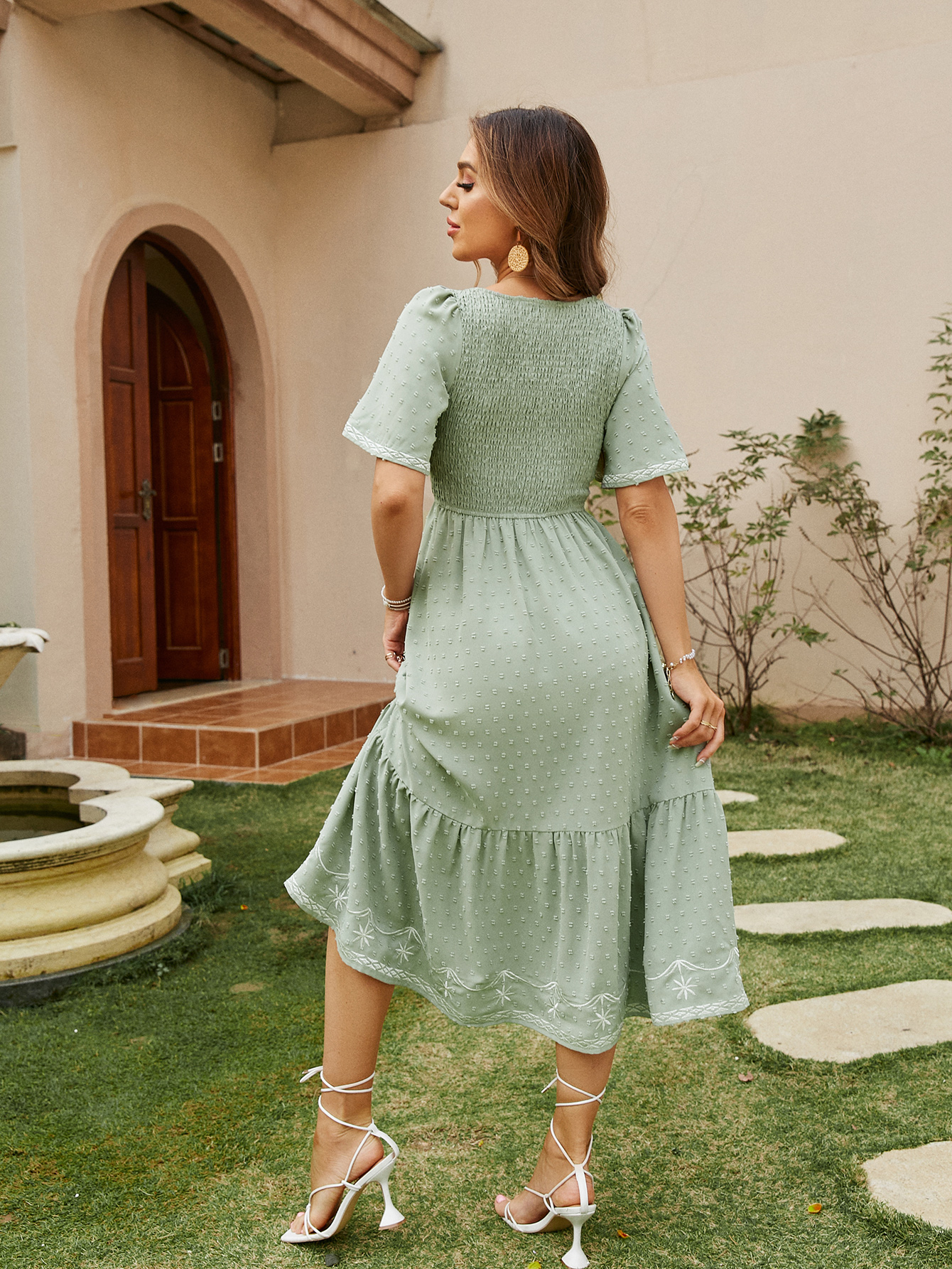 Square Neck Smocked Ruffle A Line Maxi Dress
