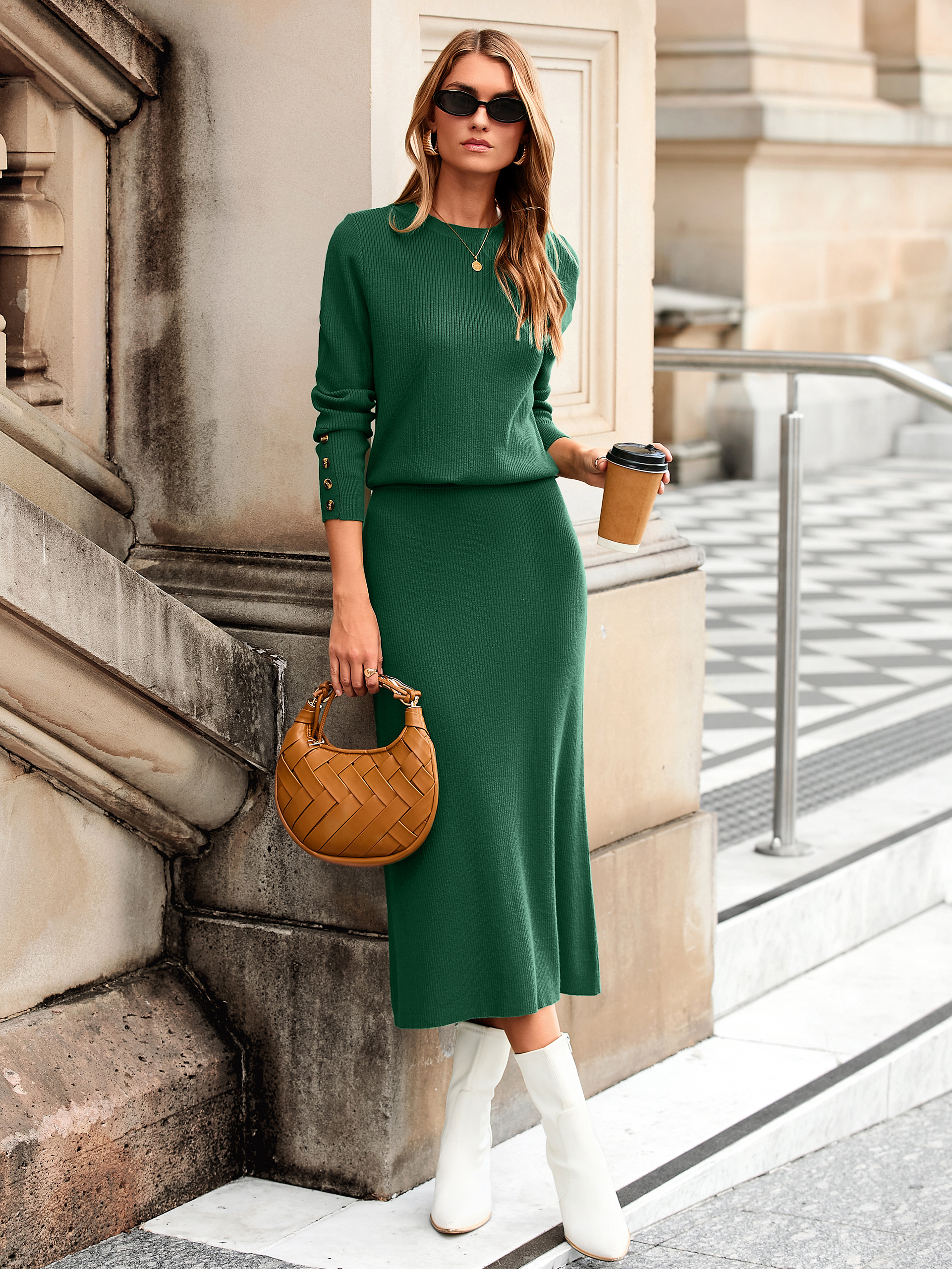 Ribbed Knit Crewneck Sweater Midi Skirt Set