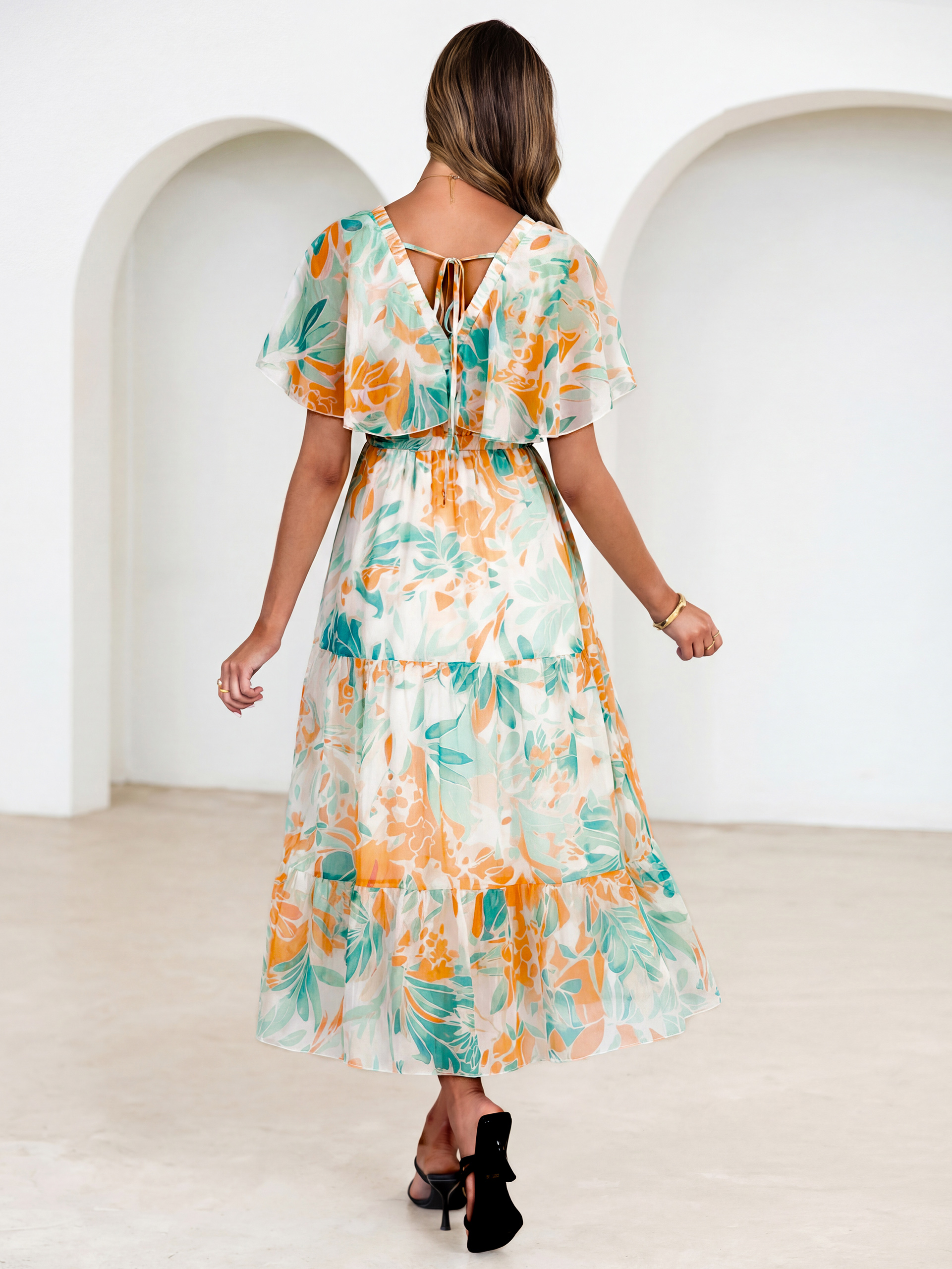 Floral V Neck Ruffle Sleeve Backless Maxi Dress