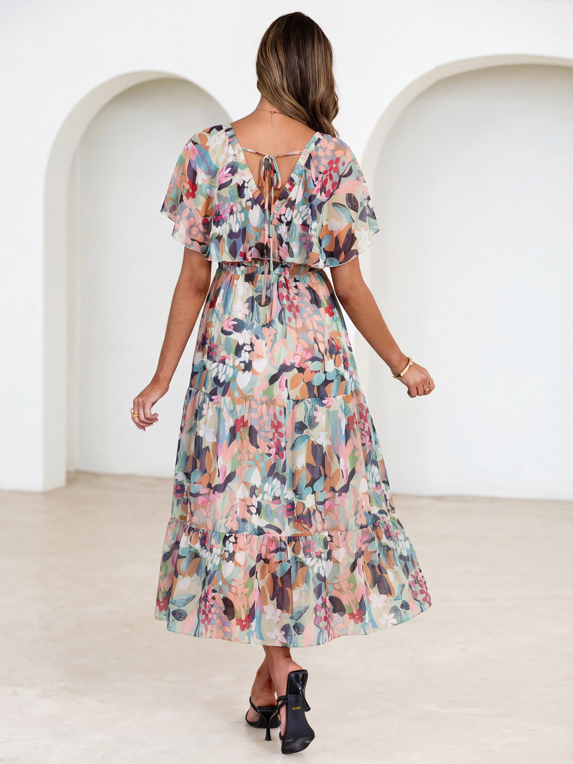 Floral V Neck Ruffle Sleeve Backless Maxi Dress