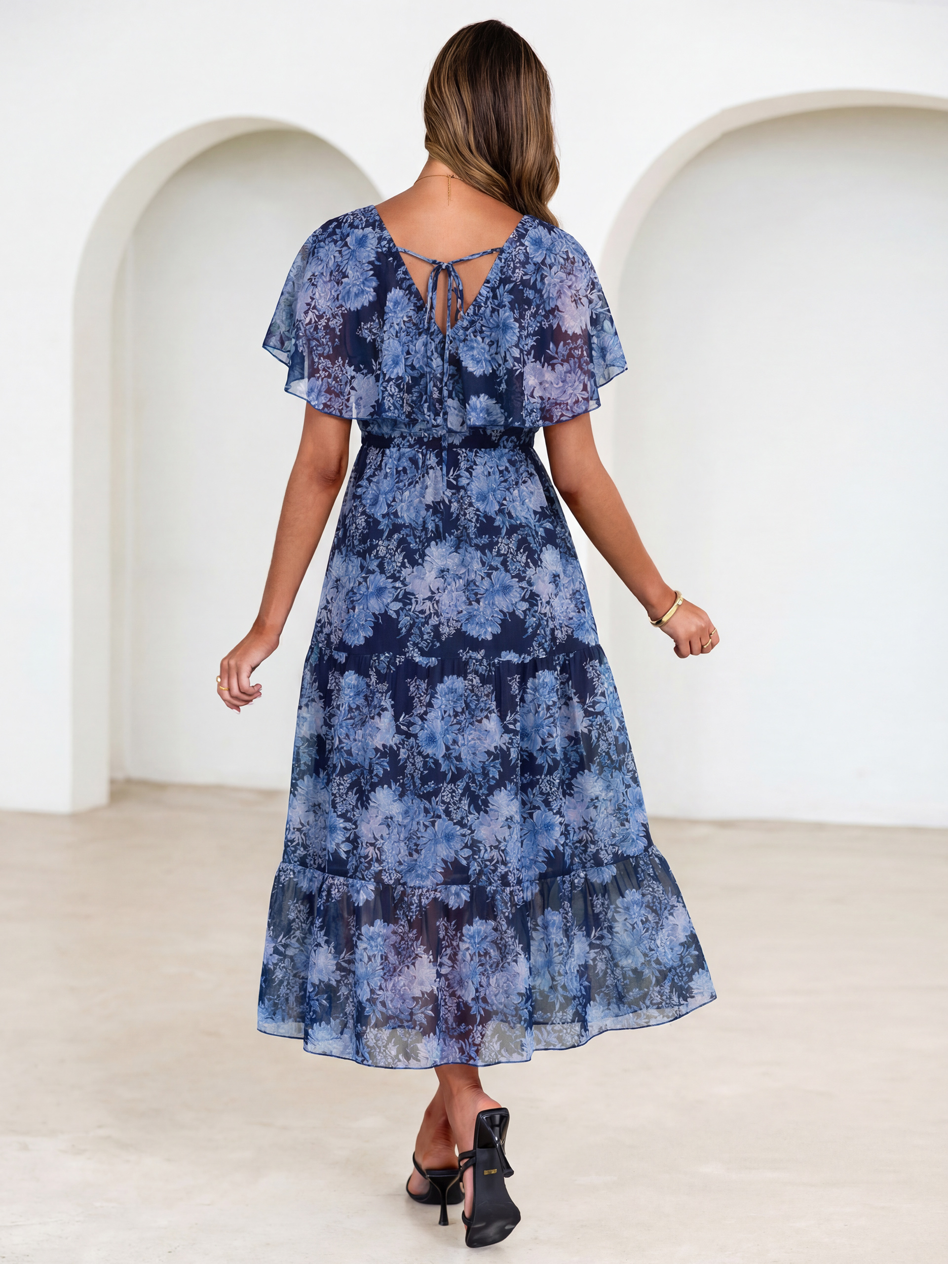 Floral V Neck Ruffle Sleeve Backless Maxi Dress