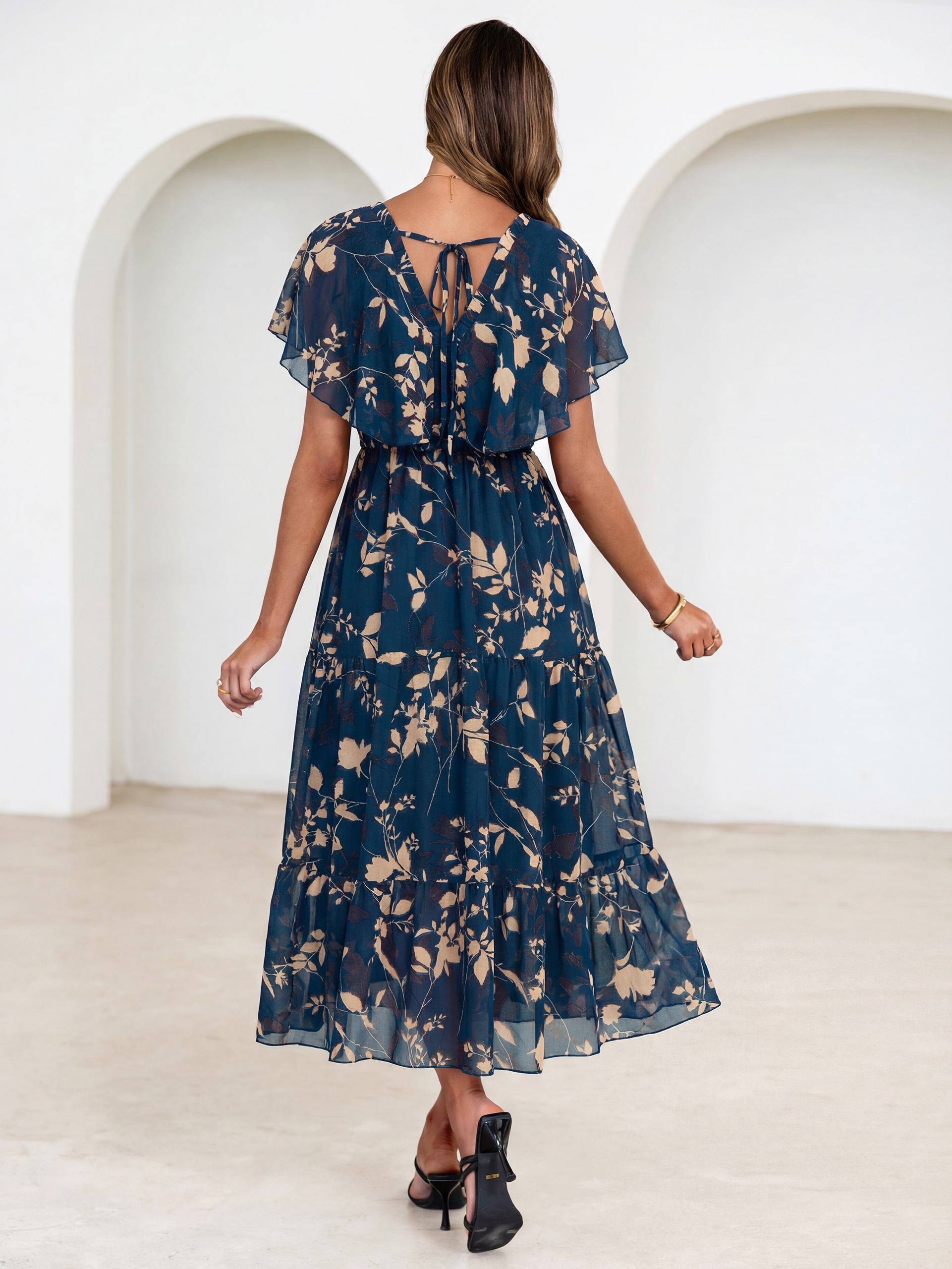 Floral V Neck Ruffle Sleeve Backless Maxi Dress