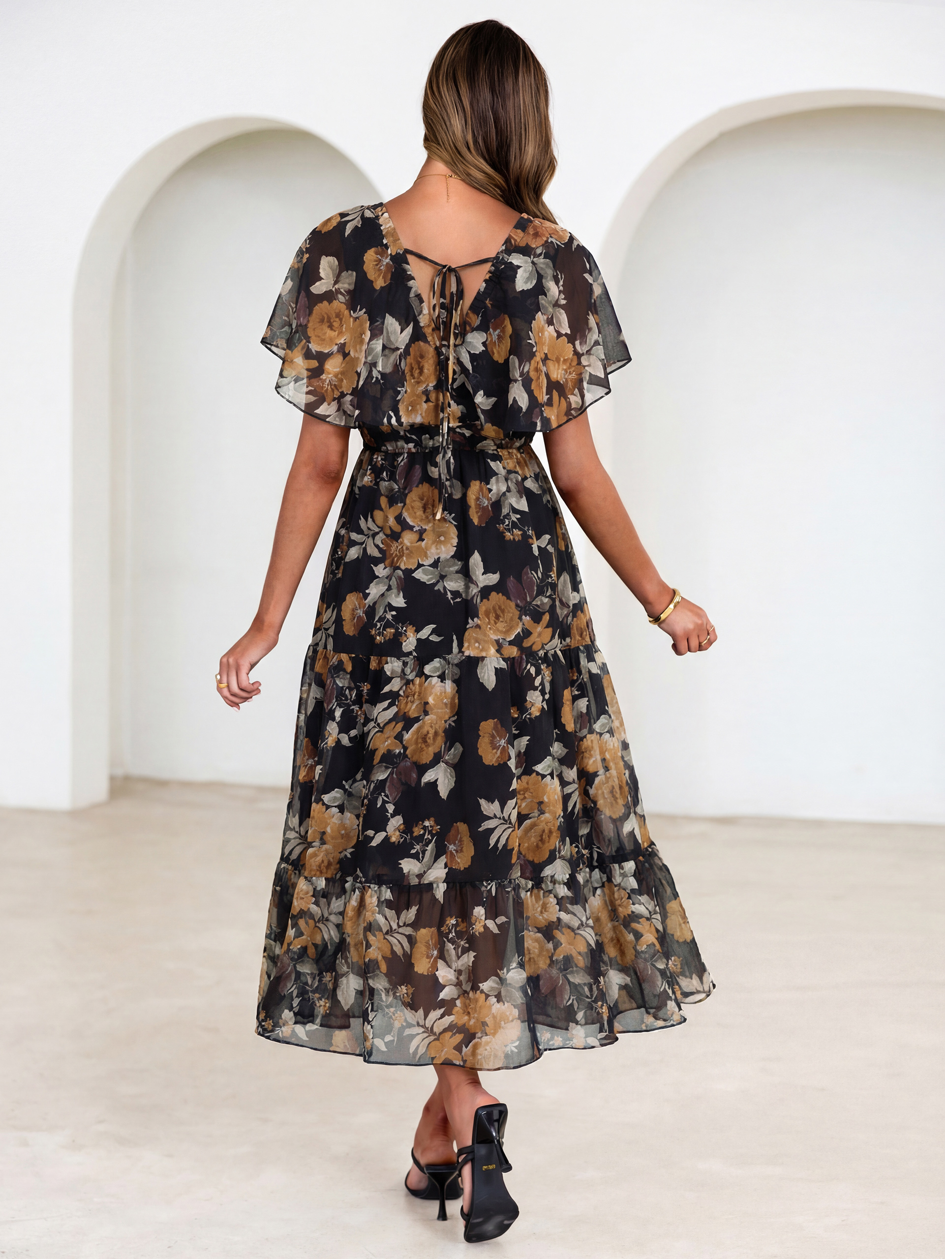Floral V Neck Ruffle Sleeve Backless Maxi Dress